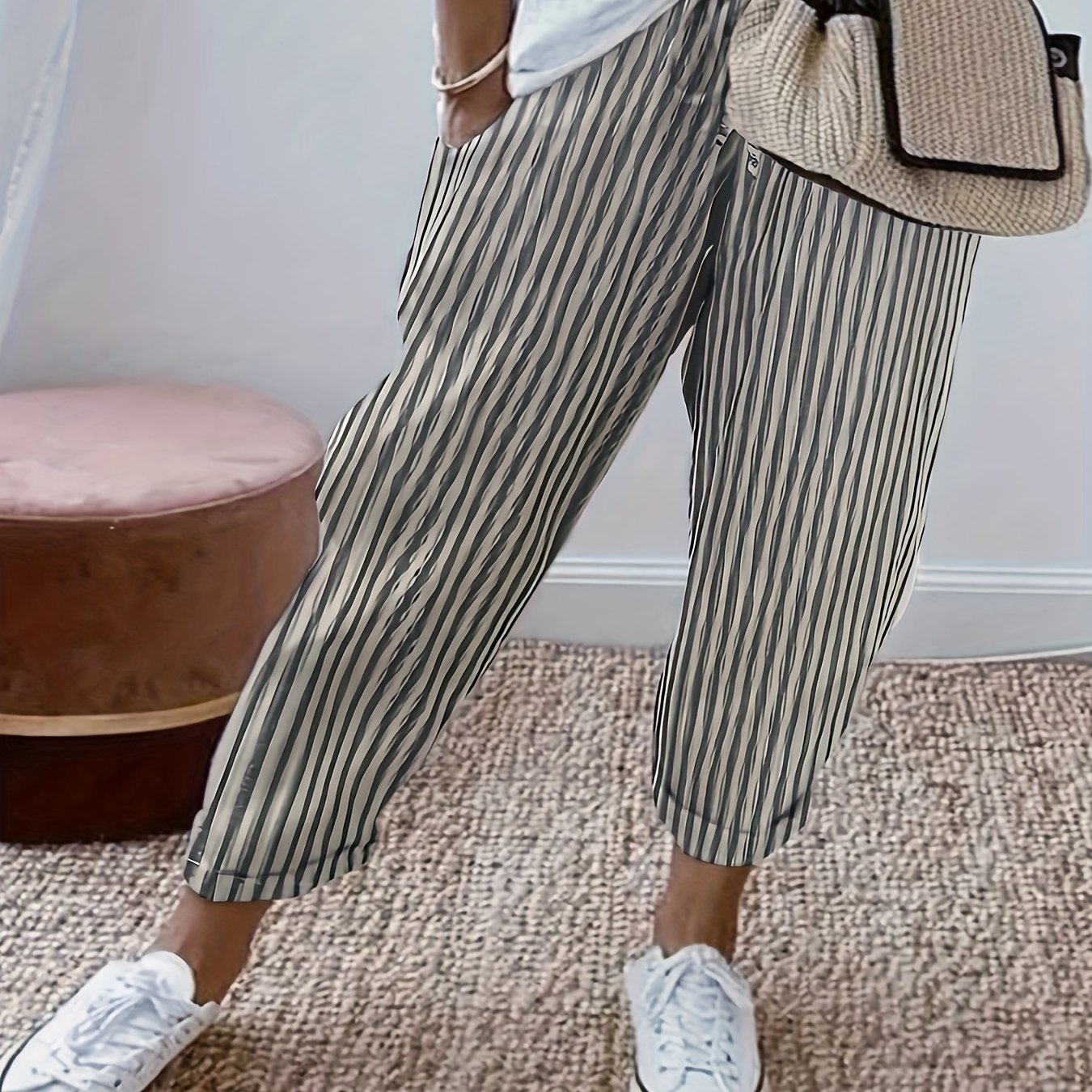 Vacation-ready Fashion Striped Comfortable Skin-friendly Elastic Drawstring Waist Pocket Ankle Pants