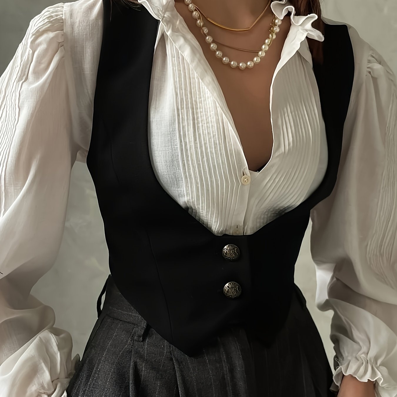 E-shop Französischer Vintage-Stil Schwarzer V-Ausschnitt Damen Weste für einen schicken und stylischen Pendler-Look