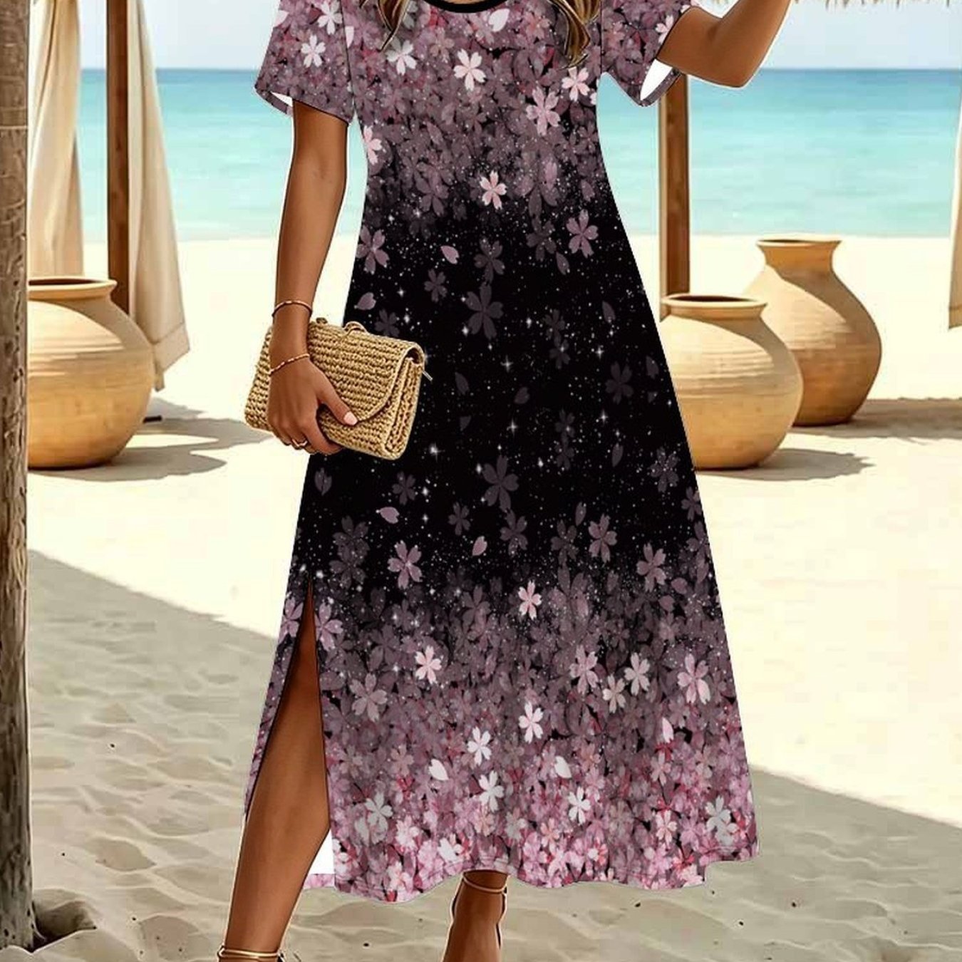 Plus Size Women's Summer Fashion Dress, Casual With Tiny Botanical Floral Print, Crew Neck Short Sleeve Split Hem Elegant Dress