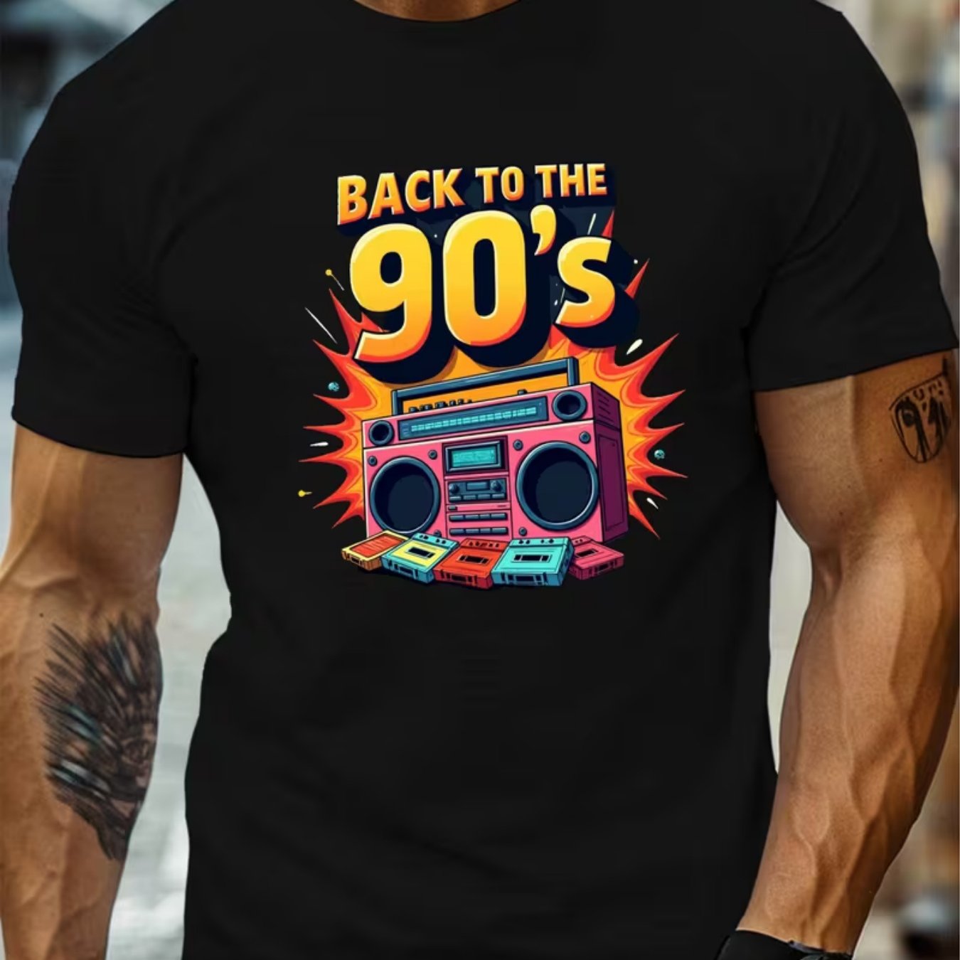 TEMU Men's Back To The 90's Graphic T-shirt | Retro Hip-hop Style, Soft And Breathable, , Vibrant Print Design, Crew Neck, Short Sleeve Summer Tee,