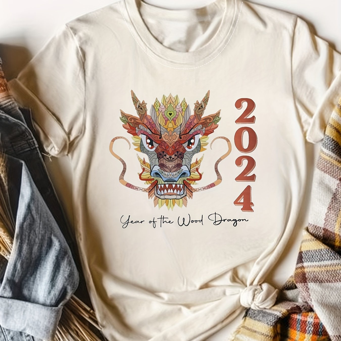 Dragon 2024 Print T shirt Casual Crew Neck Short Sleeve Top - Temu