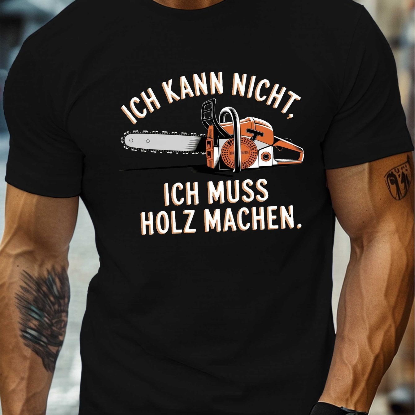 Men's Funny German Chainsaw Saying T-shirt - "ich Kann Nicht" Woodworking Joke With Chainsaw & Log Design, Lightweight Casual Crew Neck Tee For, Wear (black/orange) - German Apparel For &