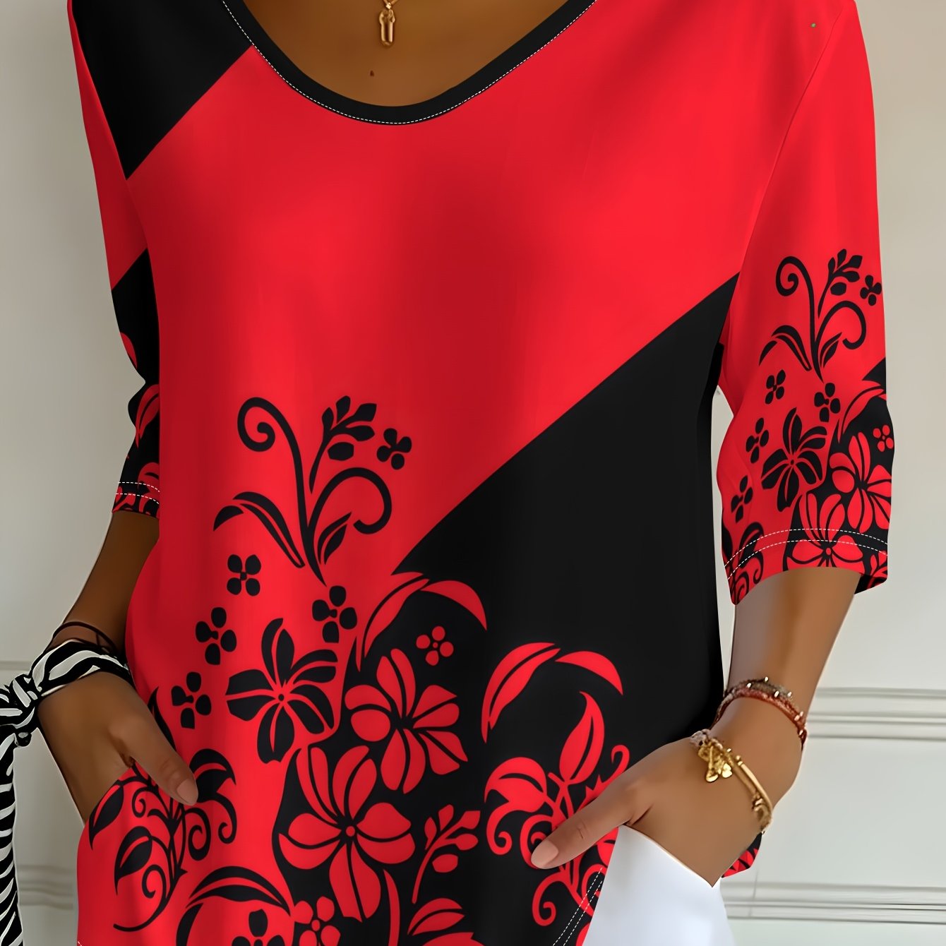 TEMU Women's Spring Summer Autumn Casual T-shirt, Red Black Color-block Pattern Decor Printed V-neck Three-quarter Sleeve Western Style Casual Top
