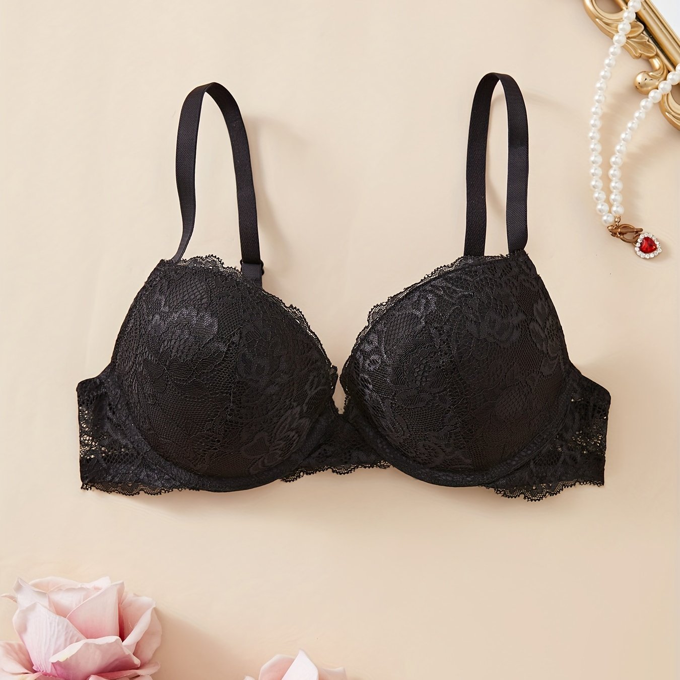 Image of Contrast Lace Thick Mold Cup Push-up Women's Lingerie Bra