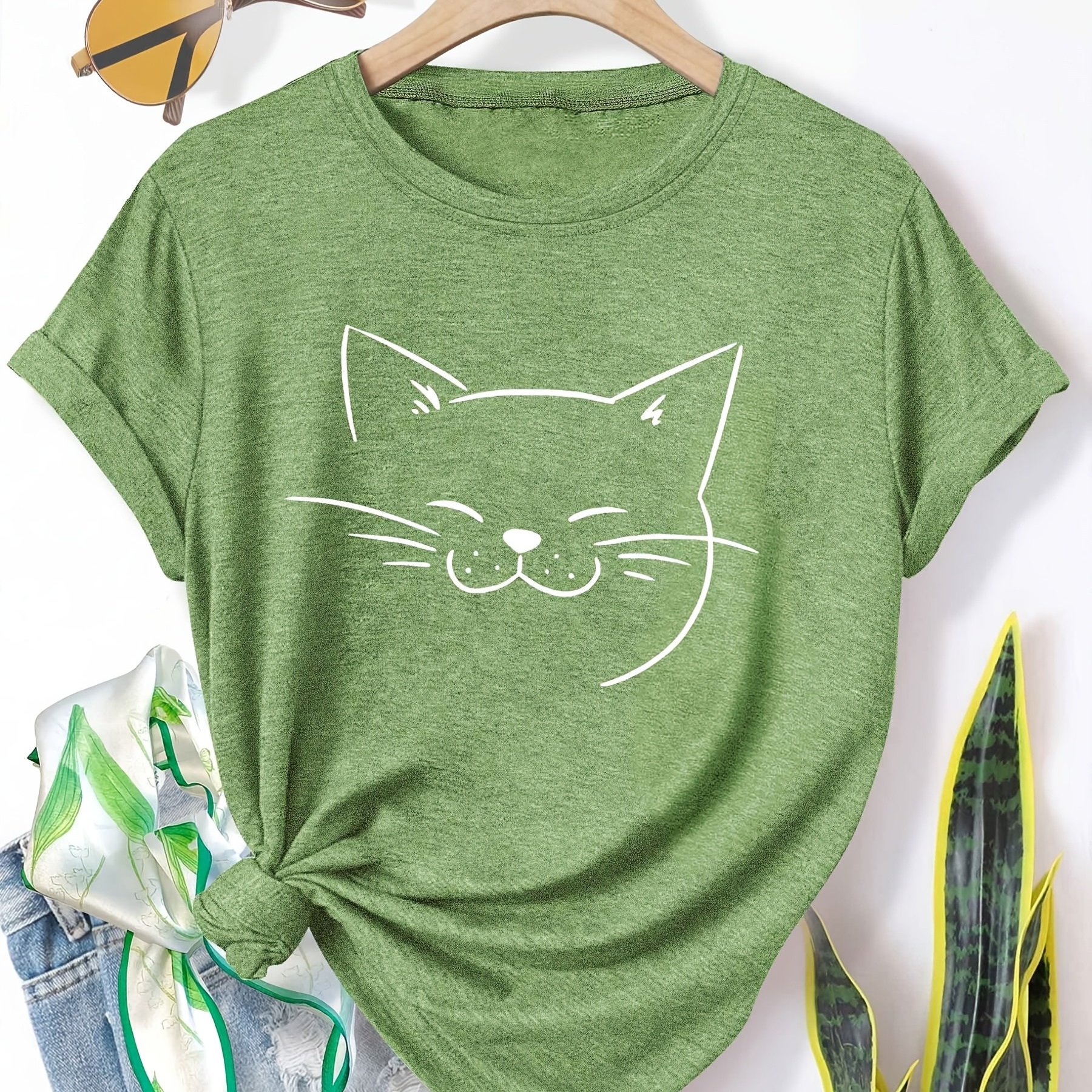 TEMU Plus Size, Women' Art Casual Short Sleeve T-shirt- Loose Round Neck, Breathable Mid-stretch Fabric, Machine Washable, Comfortable, Multiple