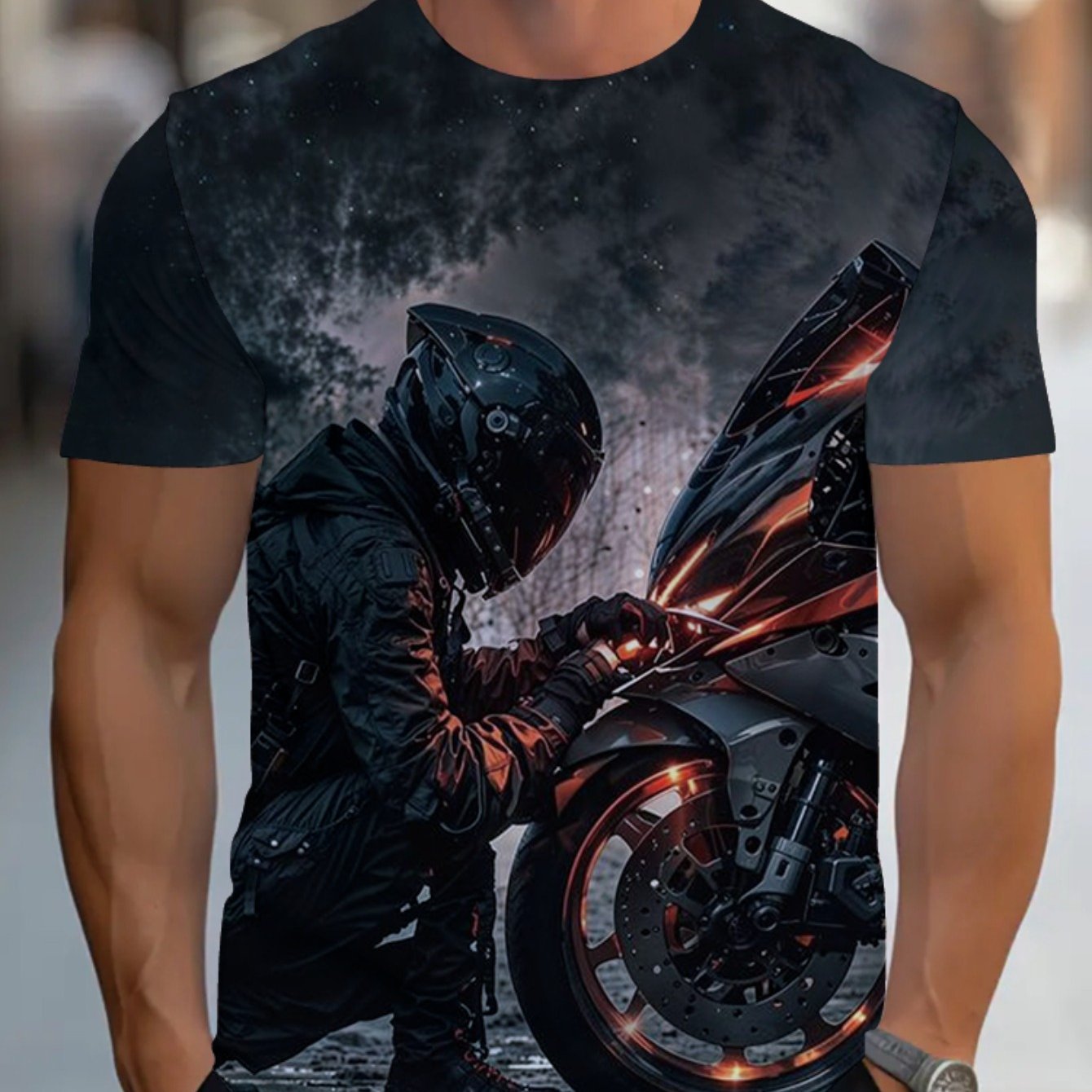 TEMU High-quality Men's T-shirt: Trendy Short Sleeve Graphic Tee Showcasing A Motorcycle Racer Design - Ideal For Style- Individuals Looking For A