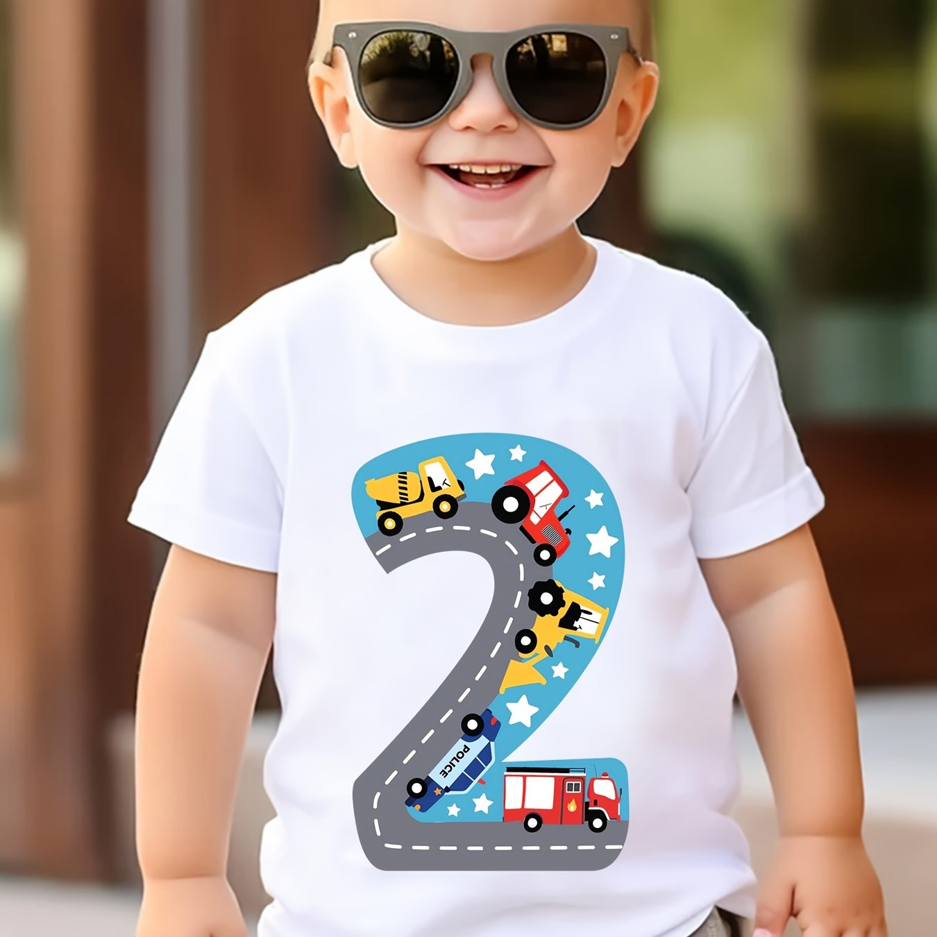 Image of Children's Printed Casual T-shirt With , Featuring , Fire Trucks, Cars, And Trucks - Short Sleeve Round Neck Top For Birthday Parties