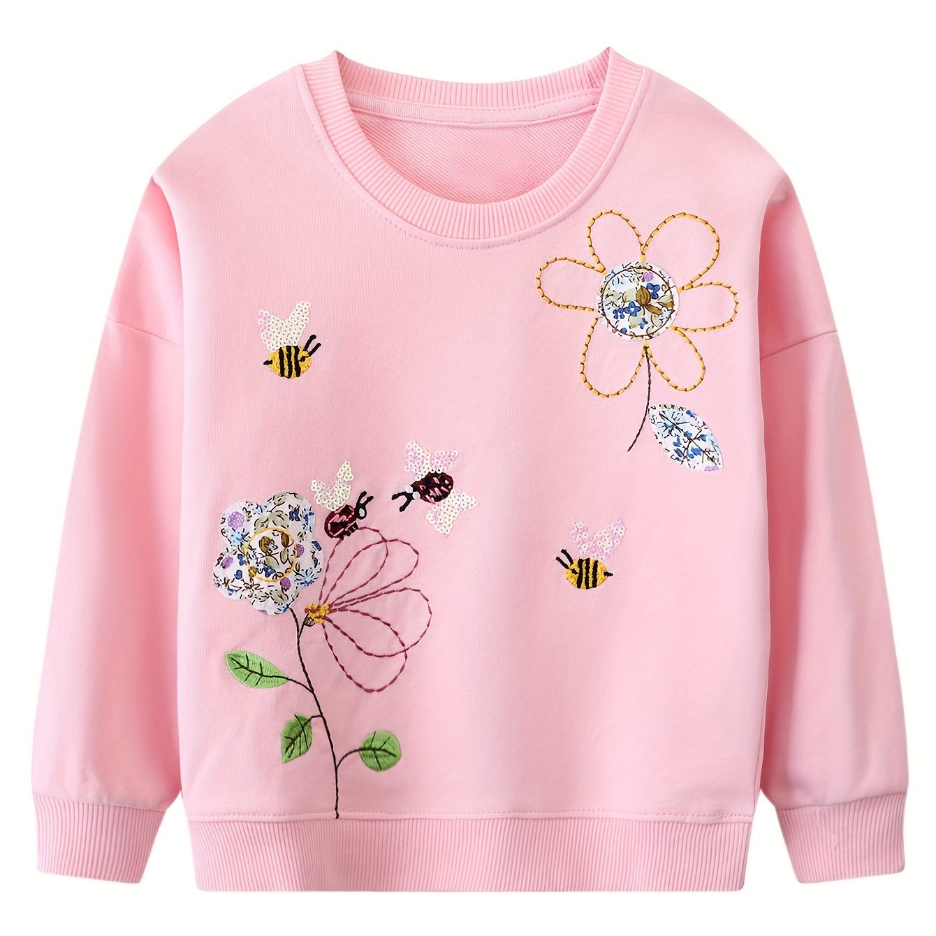 Spring and Autumn Style Girls&#39; Pink Long Sleeve Sweatshirt Cartoon Little Bee Flowers Sequin Embroidery Cotton Soft Casual Youngsters&#39;s Sports Shirt Off-Shoulder Sleeves, Chest Measurement Method: The seam between the sleeve and shoulder bottom, 1.5cm edge-to-edge flatness all around