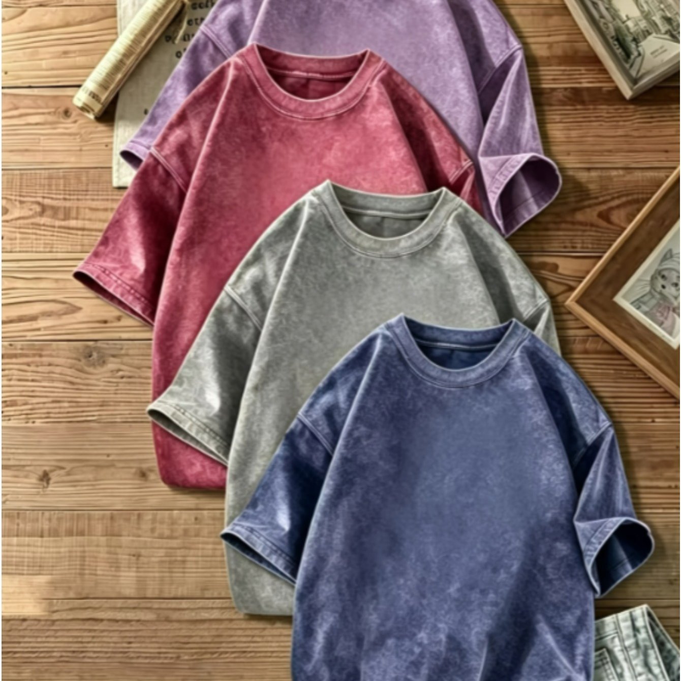 TEMU 4pcs Set Of Vintage Washed -shirts, Loose Fit, Distressed Street Style Casual Short-sleeve Tops, Versatile , Sizes S-2xl