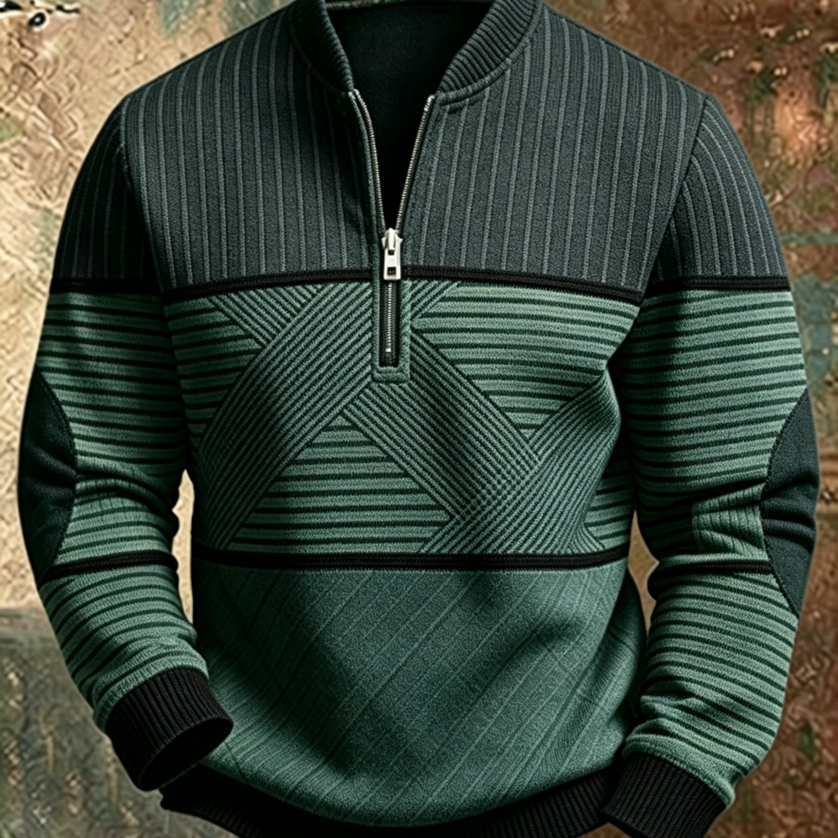TEMU New Arrival Men Autumn Winter Stand Collar Half Zip Sweatshirt Retro Color Block Stripe Splicing Style Atmosphere Description Fashion Versatile