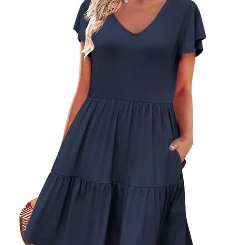 womens a line mini dress casual v neck ruffle cap sleeve tiered swing dress with pockets