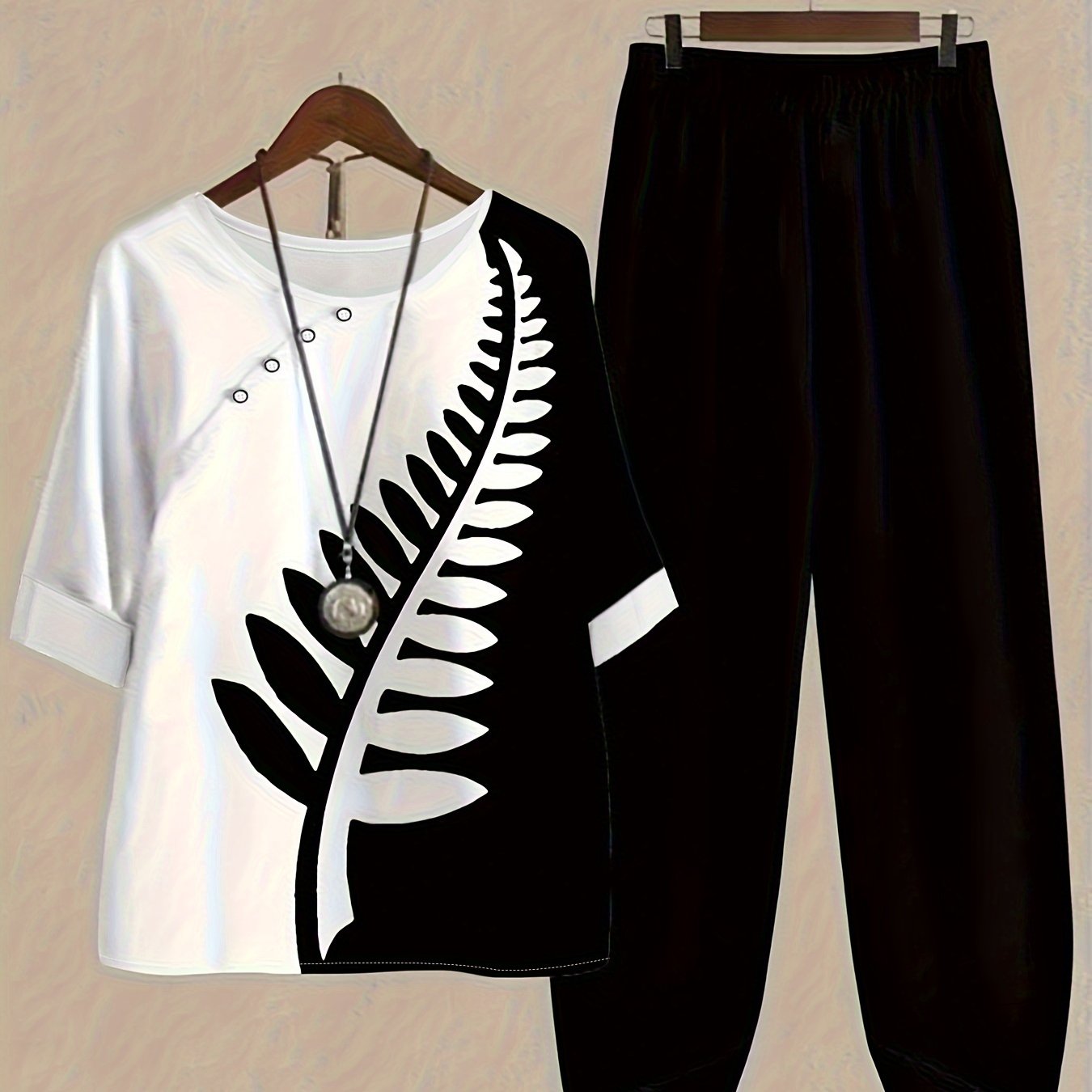 TEMU Print Women's Outfit - Casual Short Sleeve Tee & Loose-fit Pants Set, Machine Washable, Spring/