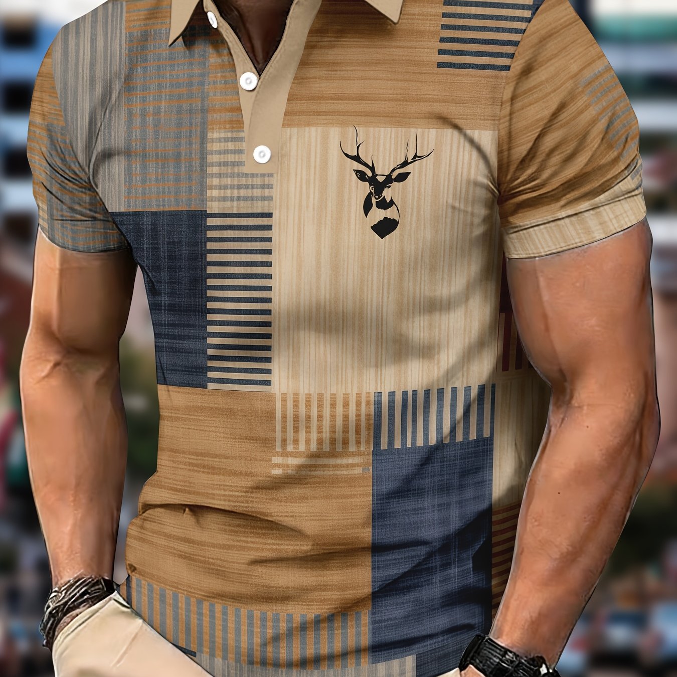 TEMU Men's Summer Casual Short-sleeve Color- Shirt Featuring A Geometric Check Pattern And A Deer Print