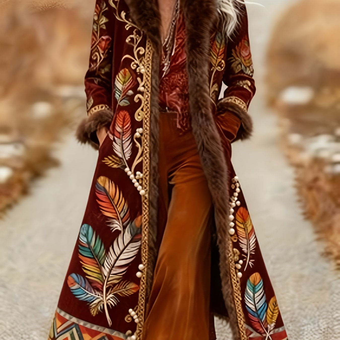 Image of Printed Design Not Textured Ladies' Western Retro Style Autumn And Winter Warm Long-sleeved Retro Printed Jacket Coat - Western Printed Jacket Lapel Coat