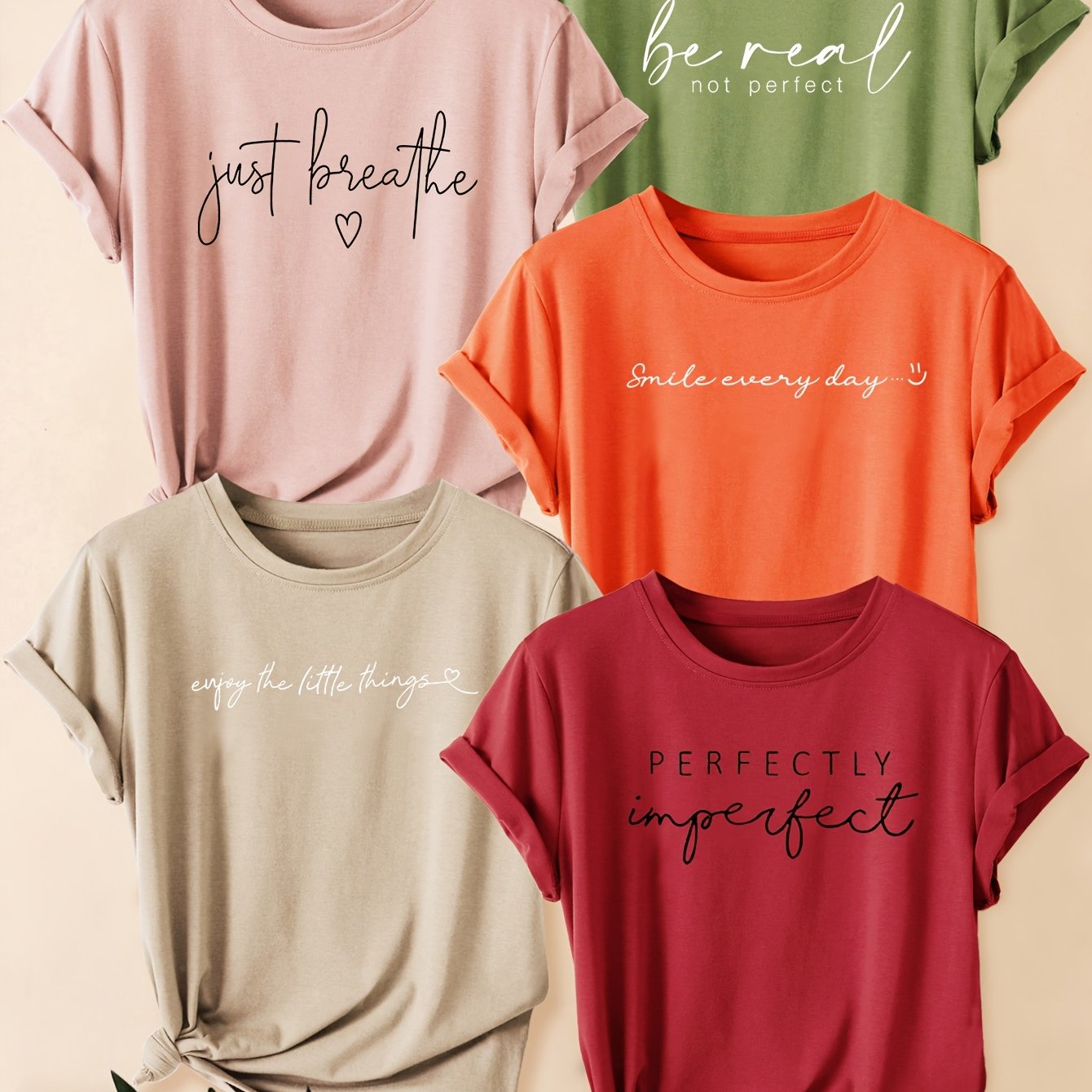 TEMU Five-pack Black And White Letter Print Fashion Vintage Style Women's Casual Sporty Round Neck Short Sleeve T-shirts