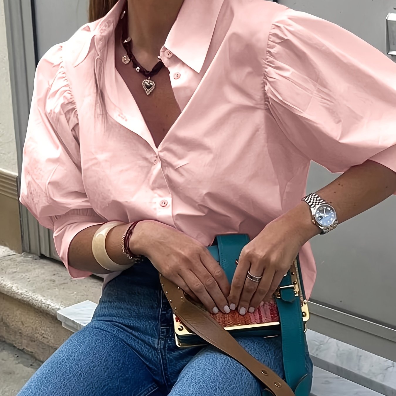 TEMU Women's Loose Lapel Neck Lantern Sleeve Casual Shirts, Everyday & Formal Wear For Office, Party, Casual , Daily , Wearable , Summer, Autumn, And
