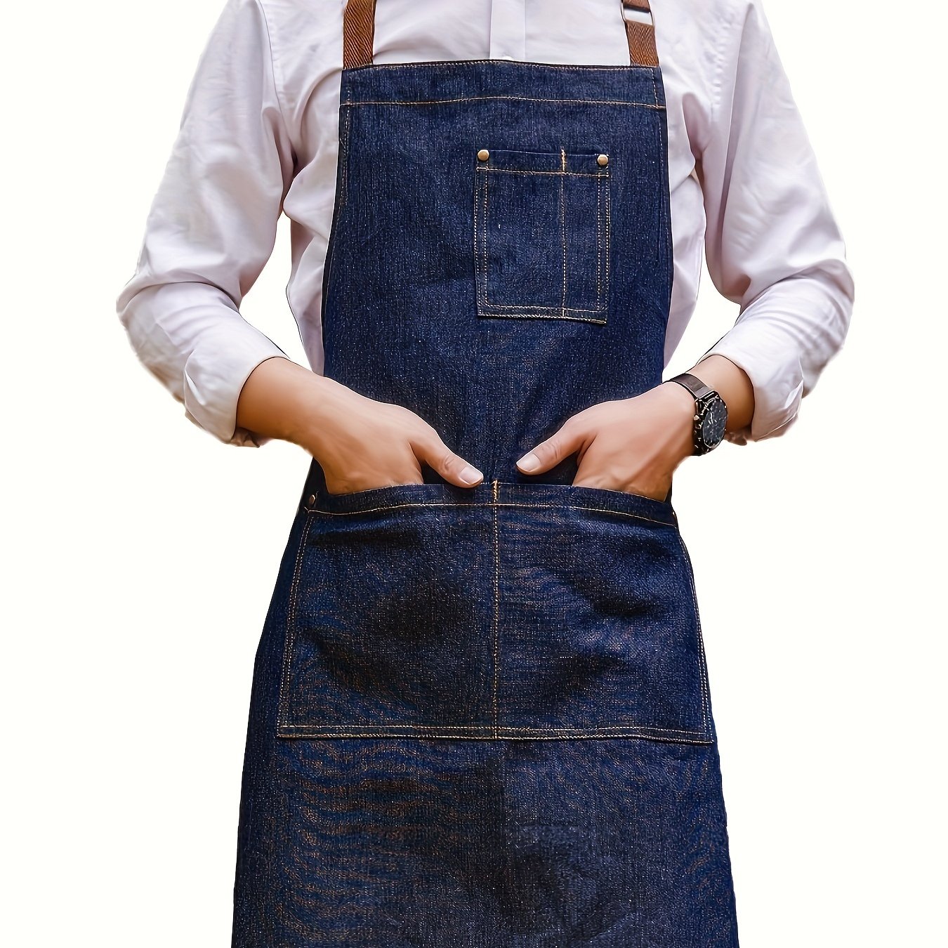 Men's Denim Apron With Adjustable Straps, 3 Pockets, For Bbq Cooking, Kitchen, Chef, Waiter Workwear
