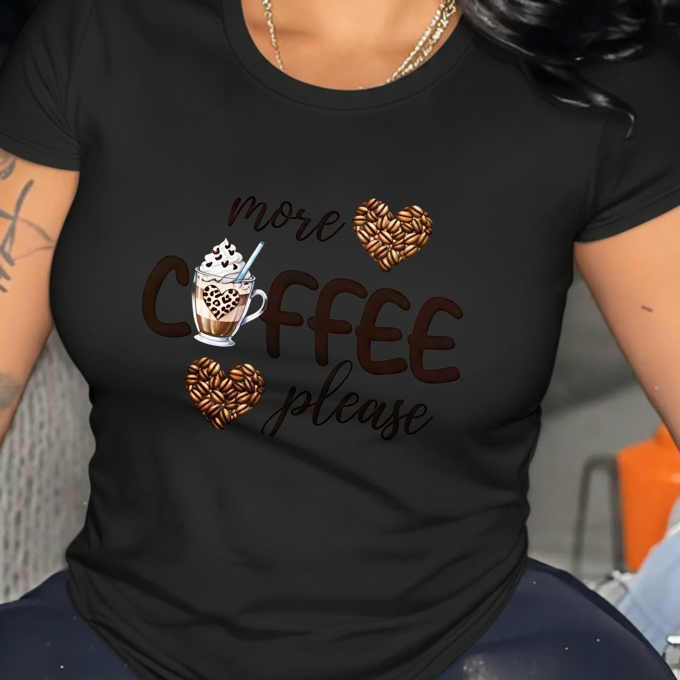 Image of New T-shirt, Women's T-shirt With Coffee Cup And Coffee Bean Heart , "please " High-quality Washable Non-shrinking Non-deform Thick Premium T-shirt, Suitable For Spring And Autumn Daily Wear
