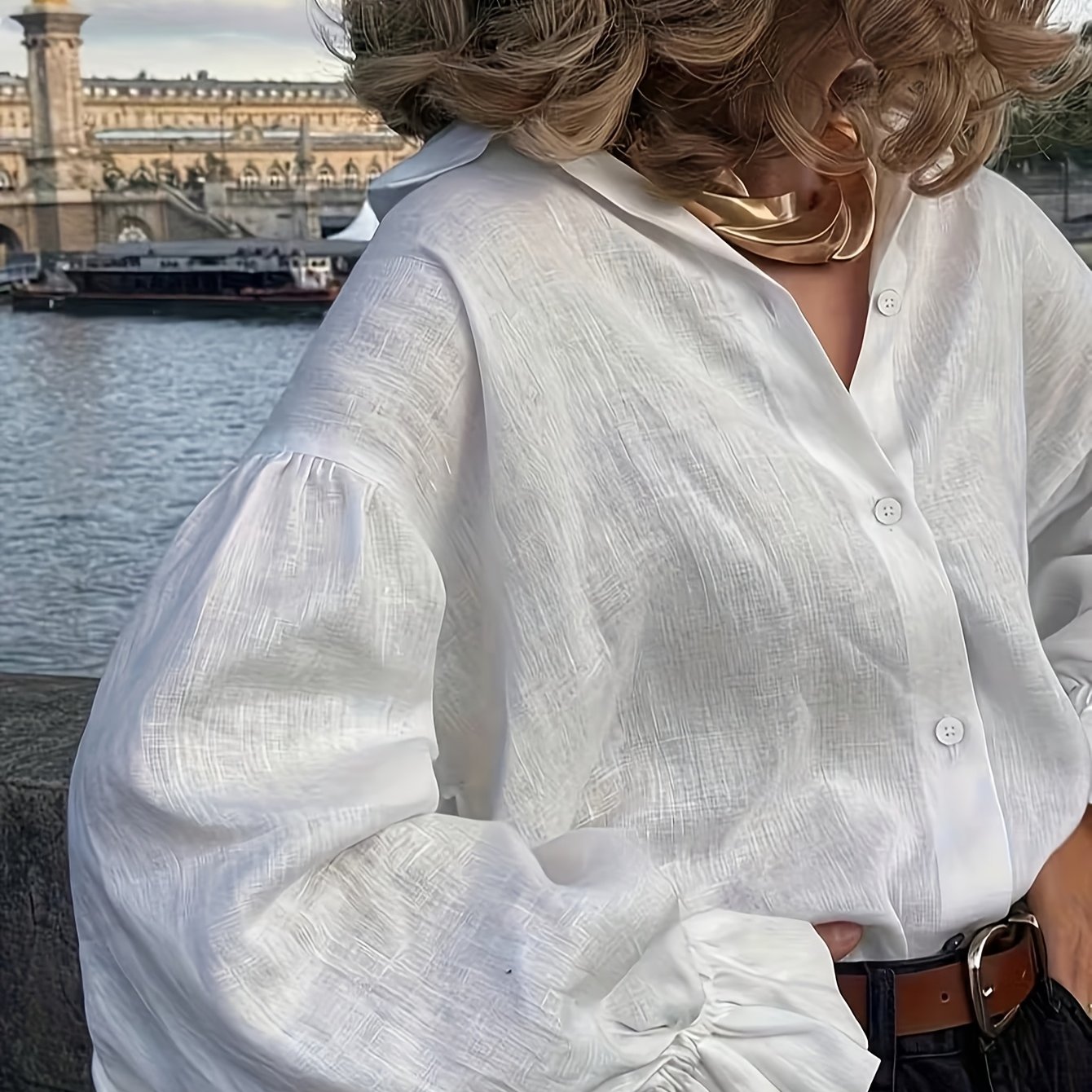 TEMU à revers pour femme, Blouse ample à manches bouffantes, Haut décontracté à manches longues, Chemise de style français pour femme