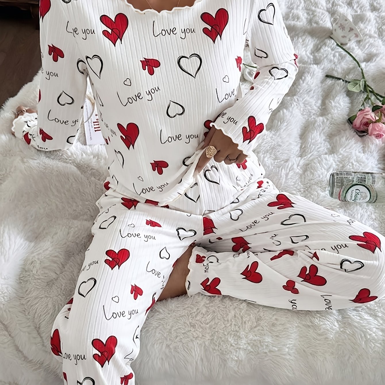 TEMU 2026 Fall Winter Women's 2pcs Premium Ribbed Pajamas, Sweet Ins Girly Crew Neck Long Sleeve Heart Love You Slogan Print Top, Waist Lounge Pants,