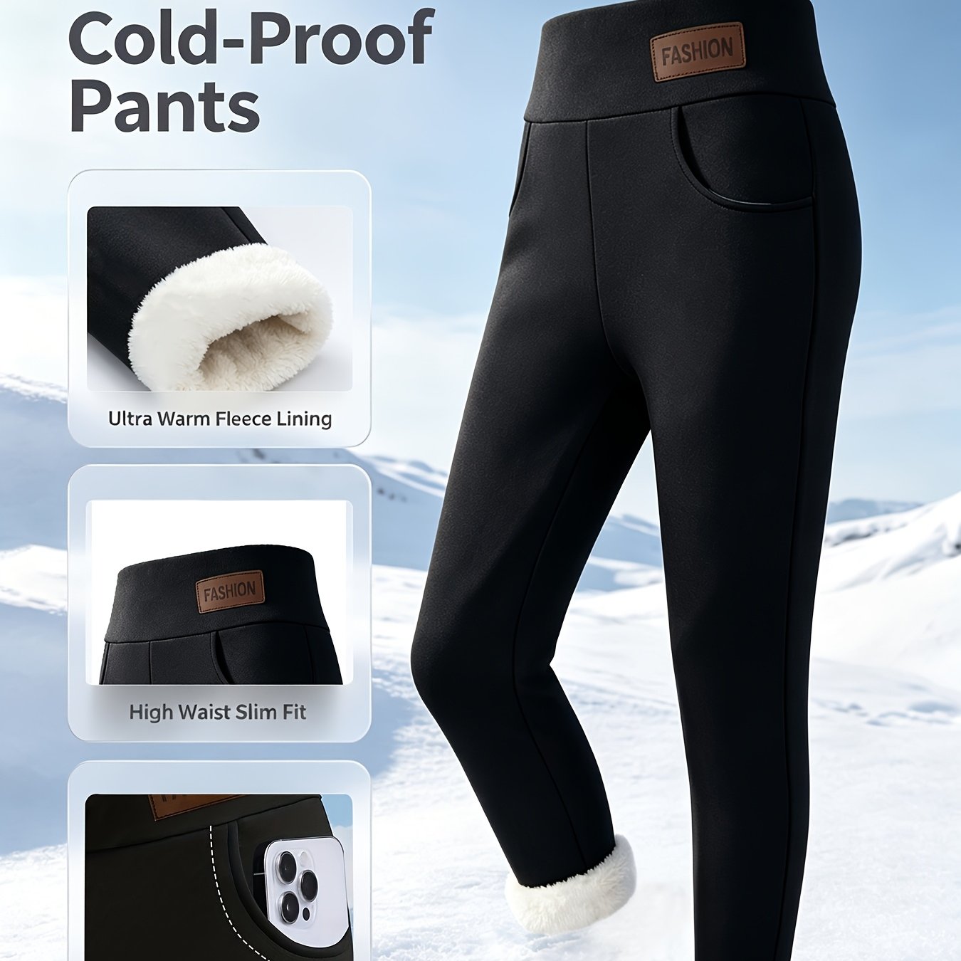 TEMU Women's High Waist Lined Cold Proof Slim Fit Pants With Side Pockets For Winter S Casual Wear