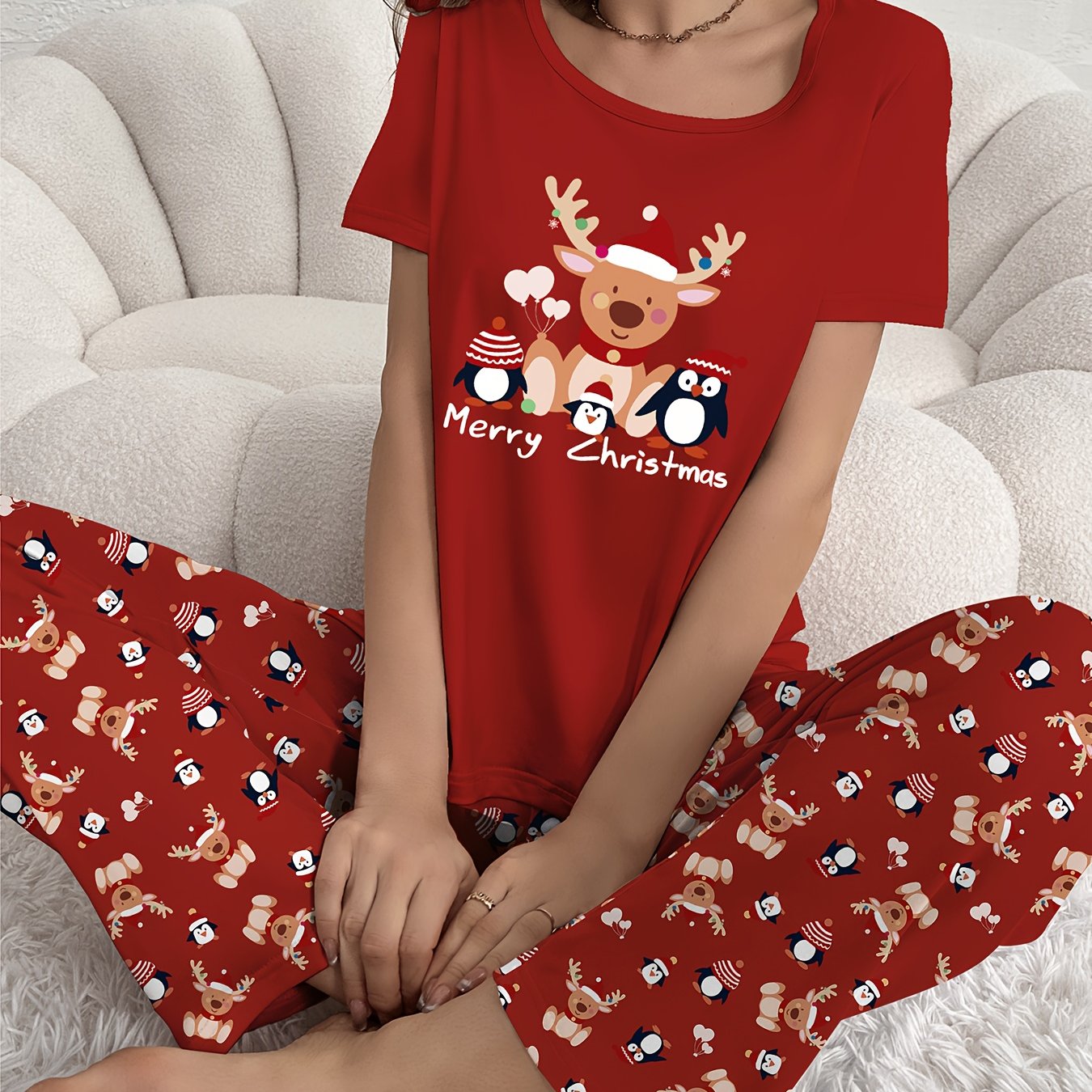 TEMU Christmas Pajama Set - Comfortable Long-sleeve Crewneck With Festive Santa Hat And Loungewear, Polyester Blend, Machine Washable - Perfect For