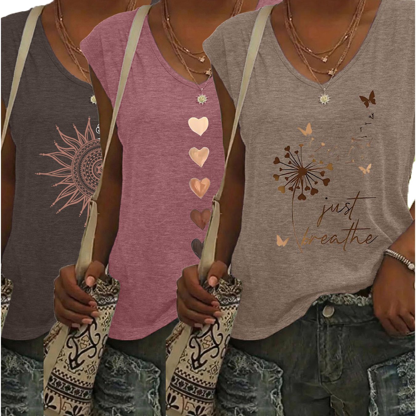 E-shop 3-teiliges Set Damenmode Frühling Sommer Neue Richtungsweisende Druck V-Ausschnitt T-Shirts, Lockerer Casual Top Basis T-Shirt Bequem - Geeignet