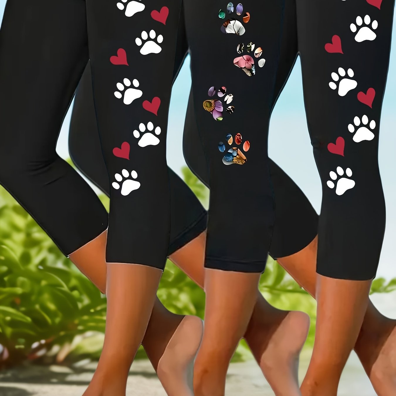 TEMU 3-pack Women's High-waisted Capri Leggings - Solid Color Stretchy, Lightweight & Breathable 7/8 Length Pants With Floral Print For Spring Summer