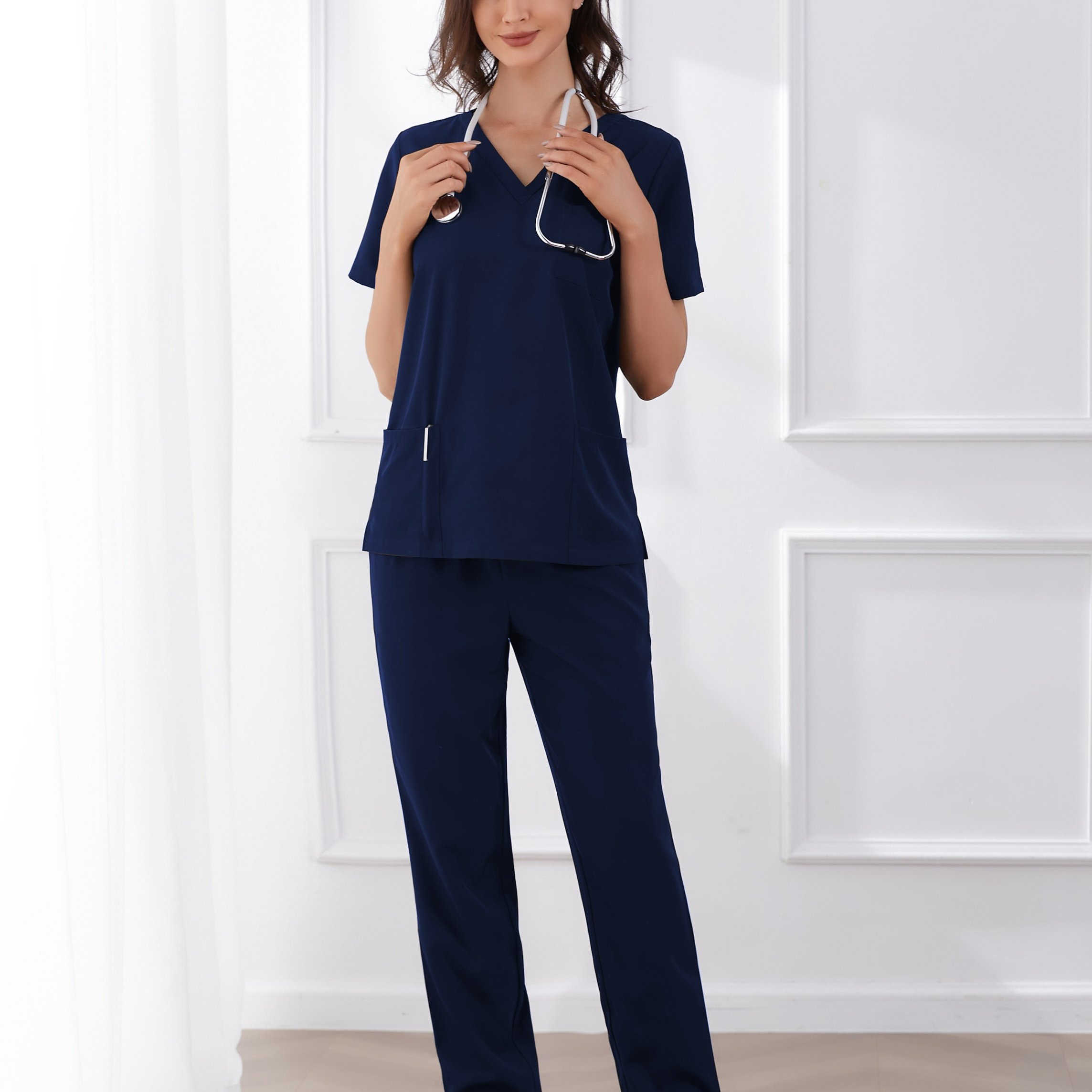 TEMU Women's Breathable Sports Washed Workwear V-neck Pocket Set
