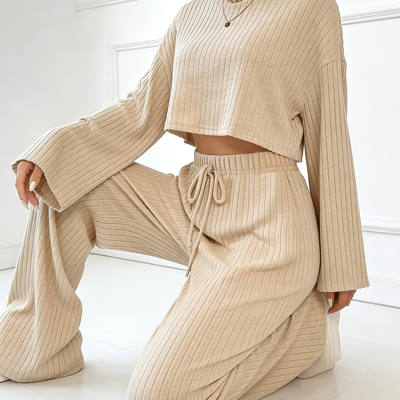 TEMU New Ribbed Solid Color Casual 's Set