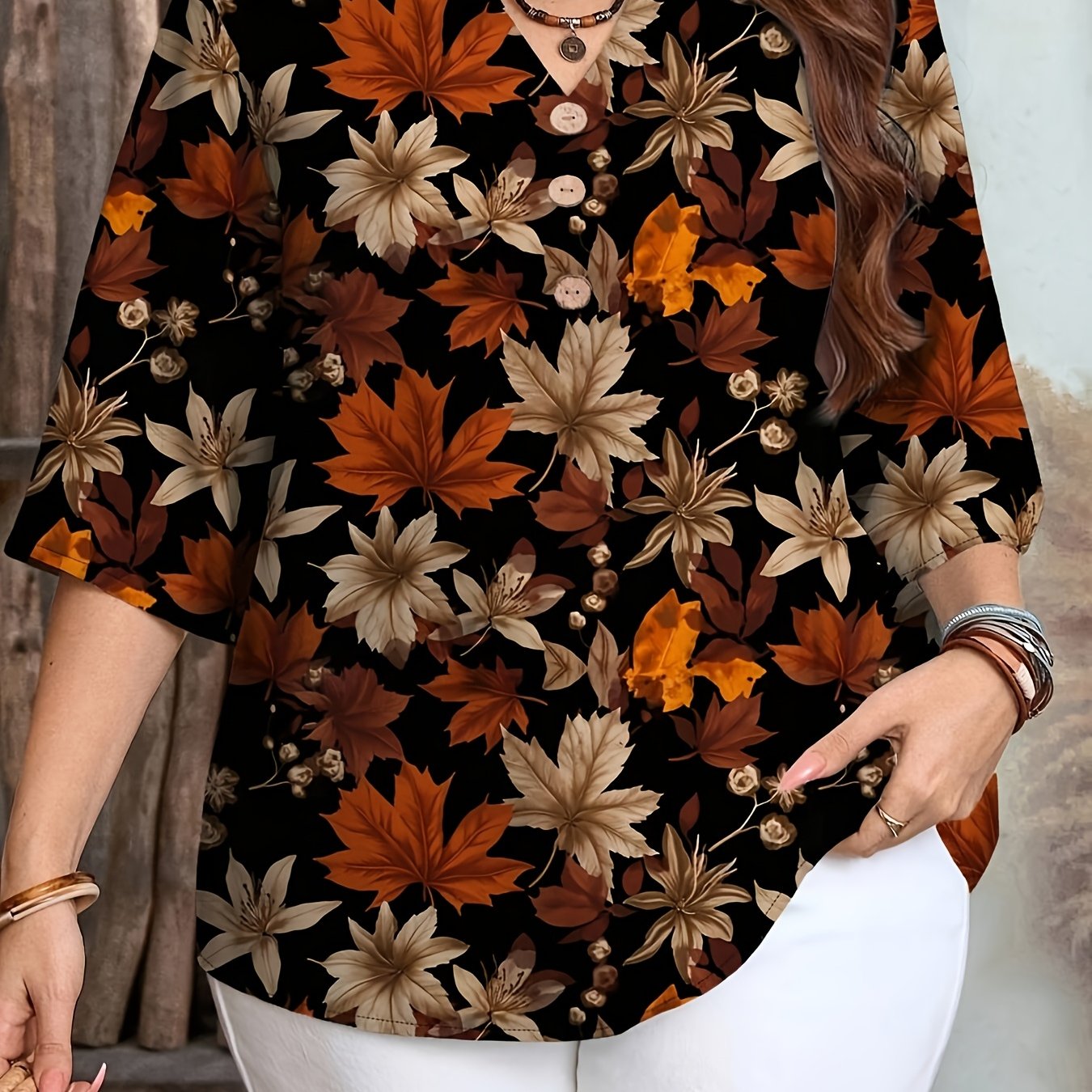TEMU Plus Size - Plus Size - Plus Size Women's Casual Retro Maple Leaf Print Shirt Fashion Women's T-shirt Elegant Plus Size Women's Top