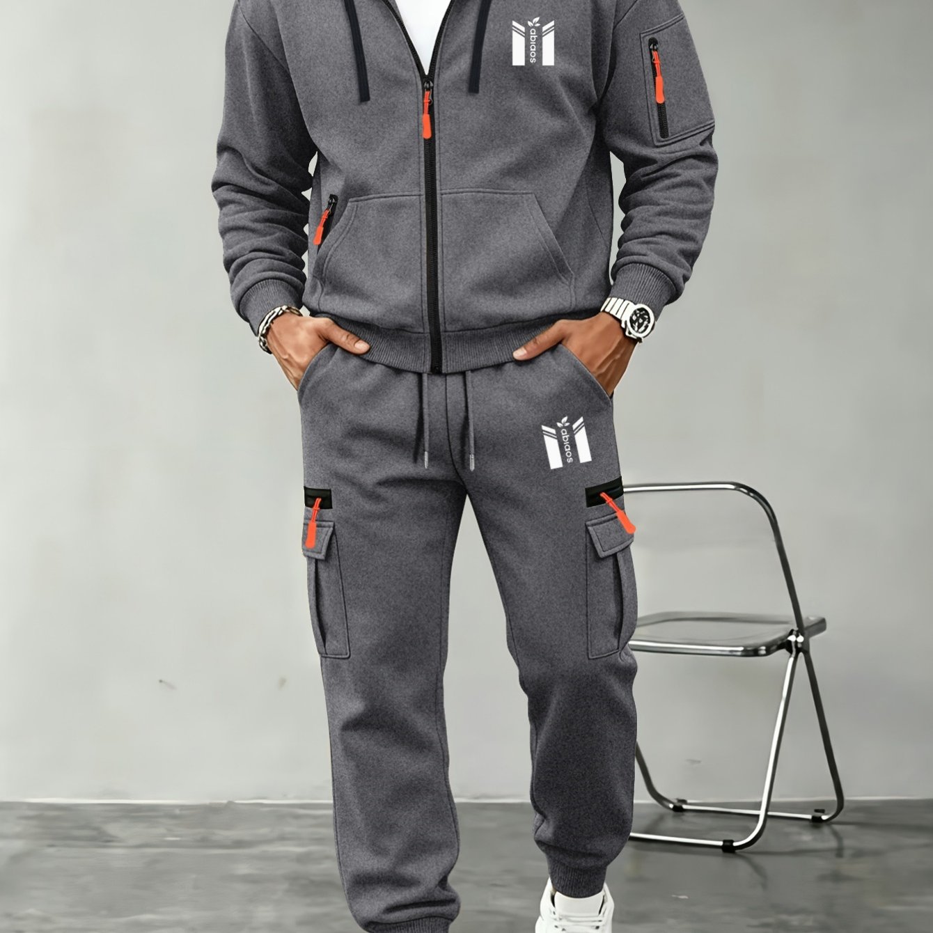 TEMU Men's Mature Functional Hooded Cargo Jumpsuit Set With Geometric Vertical Stripes And "m" Logo Print, 2pcs Set