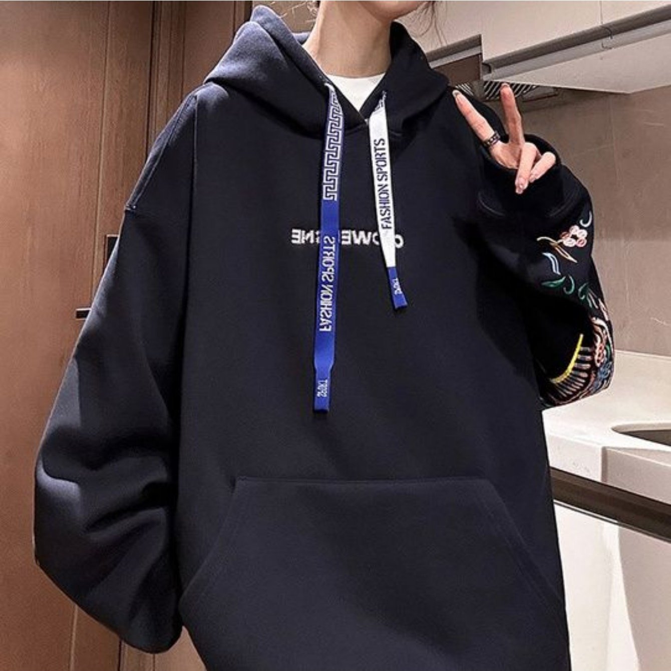 TEMU プラスサイズ、刺繍入りフード付き薄手セーター 春秋用 韓国風ゆったりレディージャケット