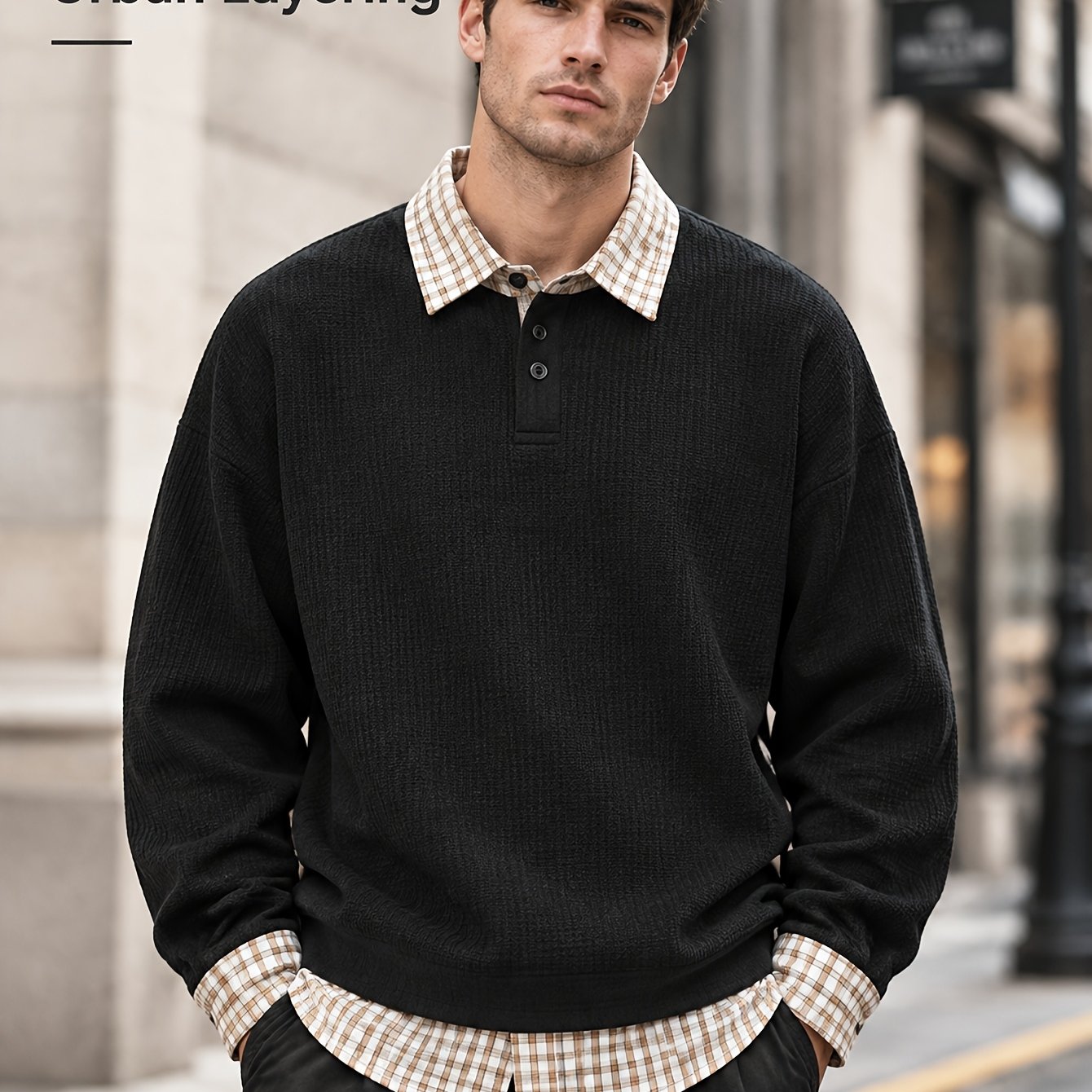 Image of Men's Waffle Knit Fake Two-piece Long Sleeve Top, Plaid Collar And Hem Loose Fit Street Casual Spring Autumn Shirt