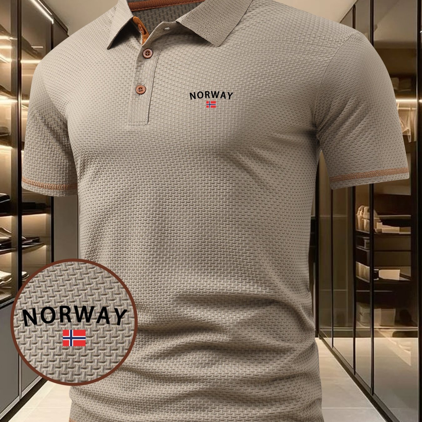 TEMU Norway Pattern Men's Outdoor Golf, Equestrian Casual Short Sleeve Textured Tattoo Fabric Color Block Contrast, Mature Men's Business Casual