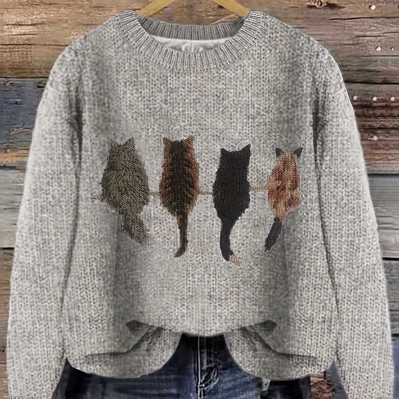 TEMU Women's Casual Crew Neck Knit Sweater With Color Cat Print, 100% Polyester, Loose Fit Pullover For Fall/winter