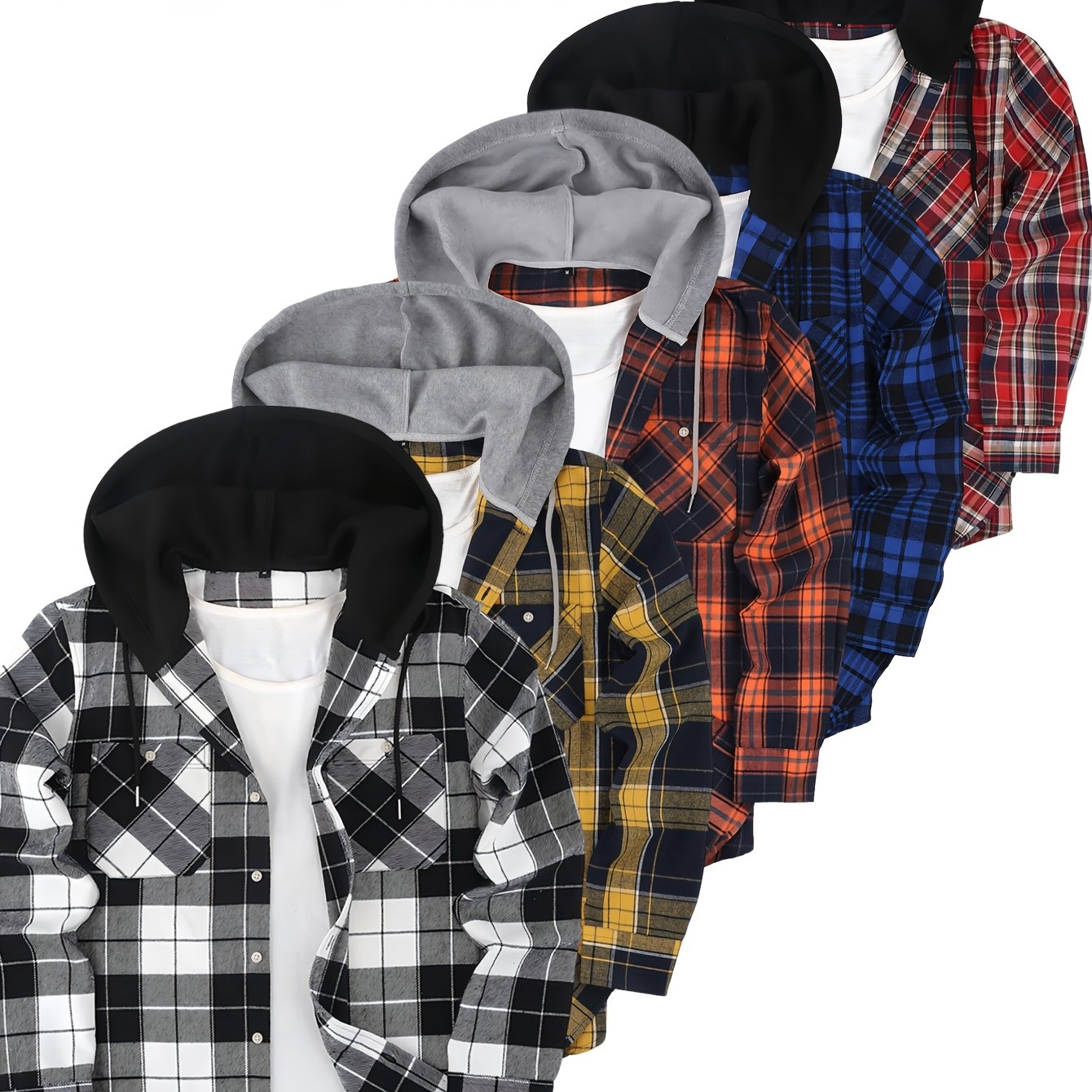 TEMU Men's Fashion Hooded Plaid Shirt, Classic Plaid Hooded Sweatshirt, Hooded , Drawstring Design, Suitable For Everyday Casual Wear, Sports, And