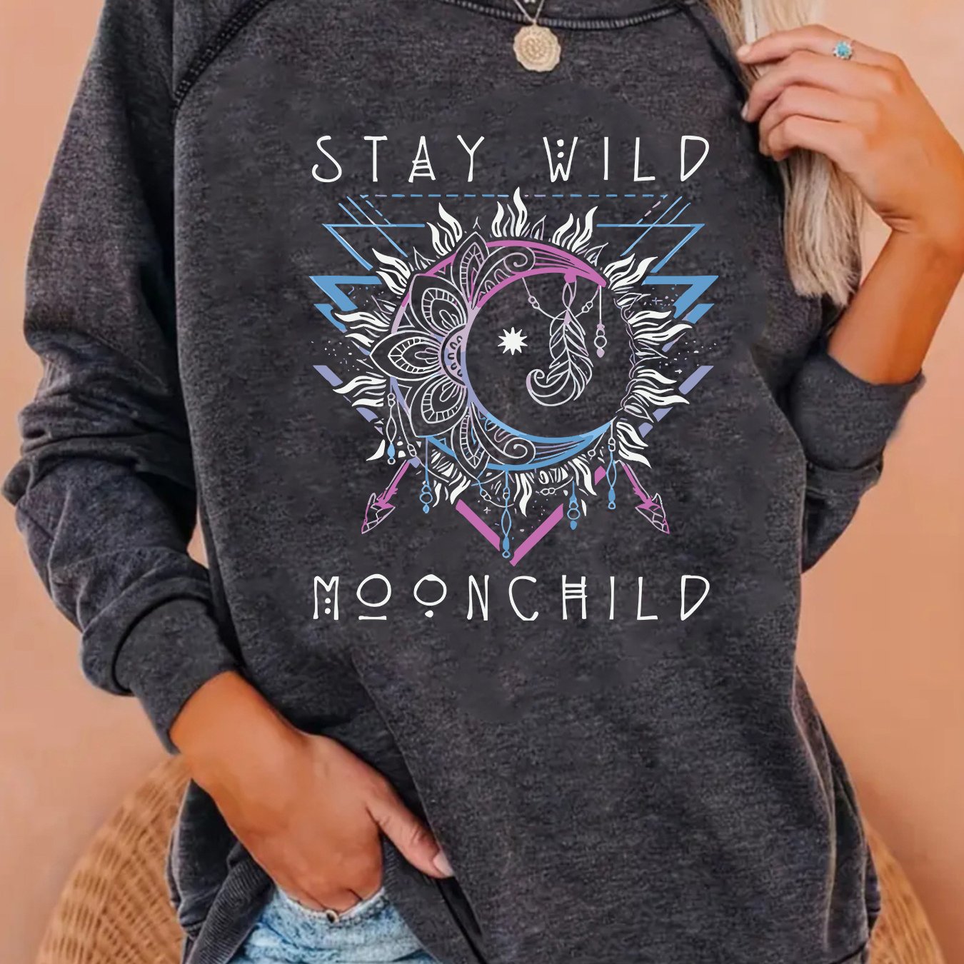 TEMU Ladies' Retro Fashion ", Moon ", Mysterious Patterns Surrounding The Moon Pattern Printed Sweatshirt, Casual Round-neck Off-the-shoulder
