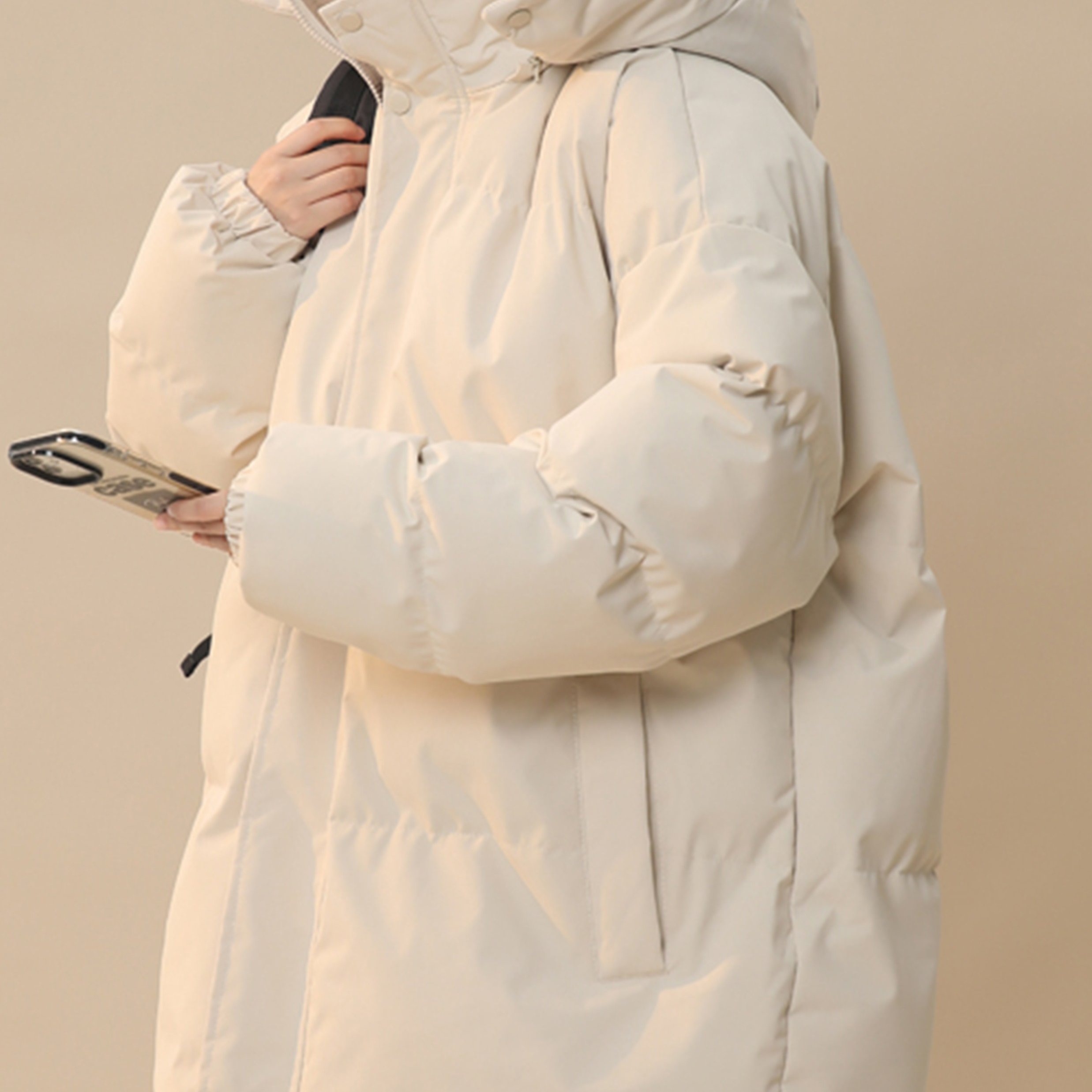 TEMU Women's Elegant Detachable Thickened Hooded Outerwear, Autumn/, Solid Color, Long Sleeve, Suitable For Cold Weather, Hooded Collar, Comfortable