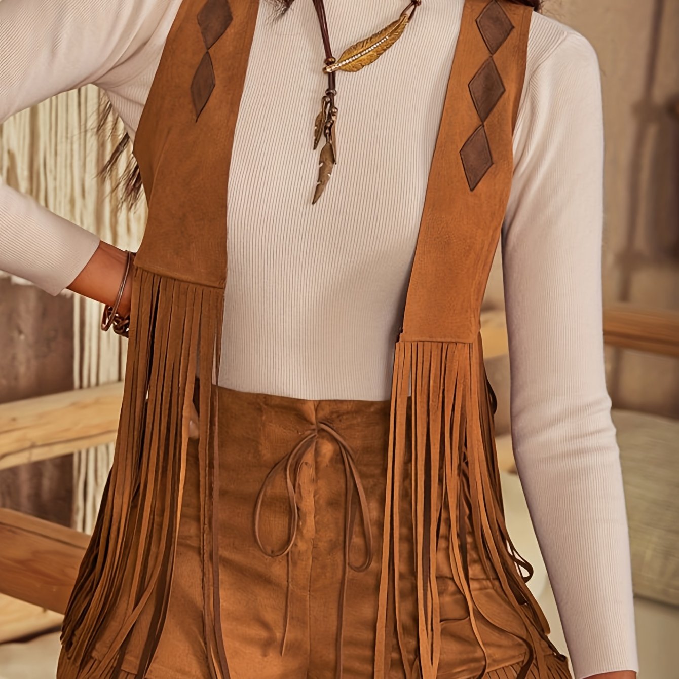 item picture womens vintage western   suede fringe vest shorts two piece set