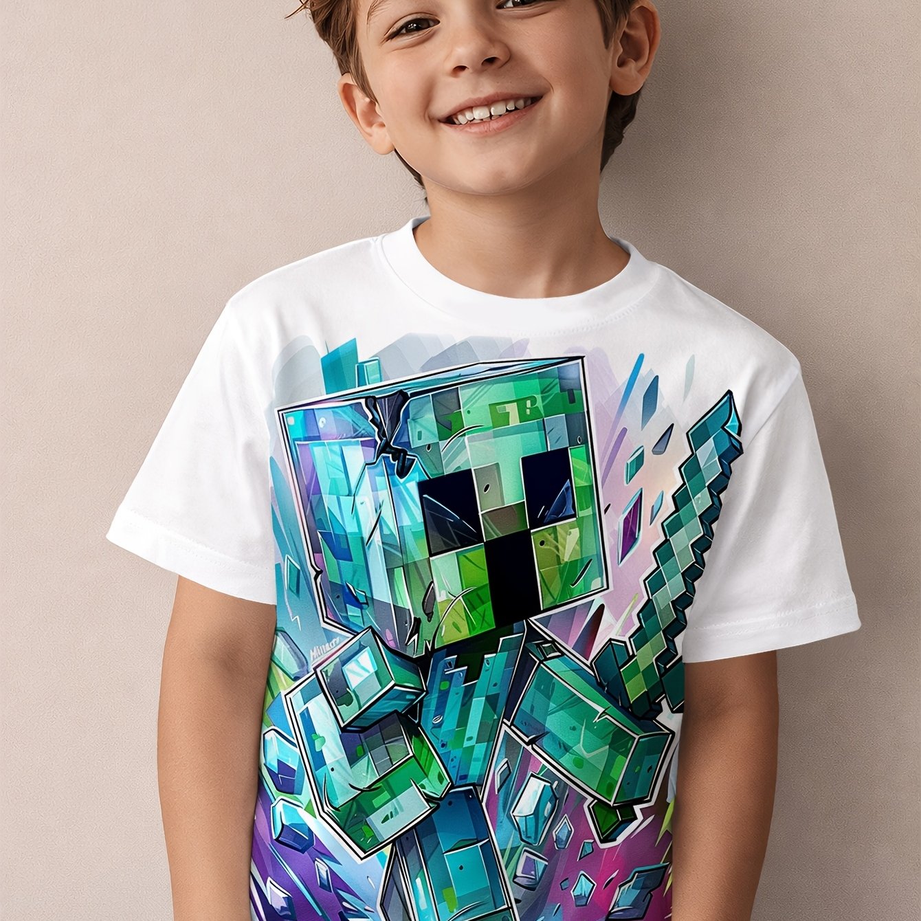Boys' T-shirt, Pixel Style Pattern Print T-shirt, Round Neck Short Sleeve Top, Machine Washable, Casual Boys' T-shirt