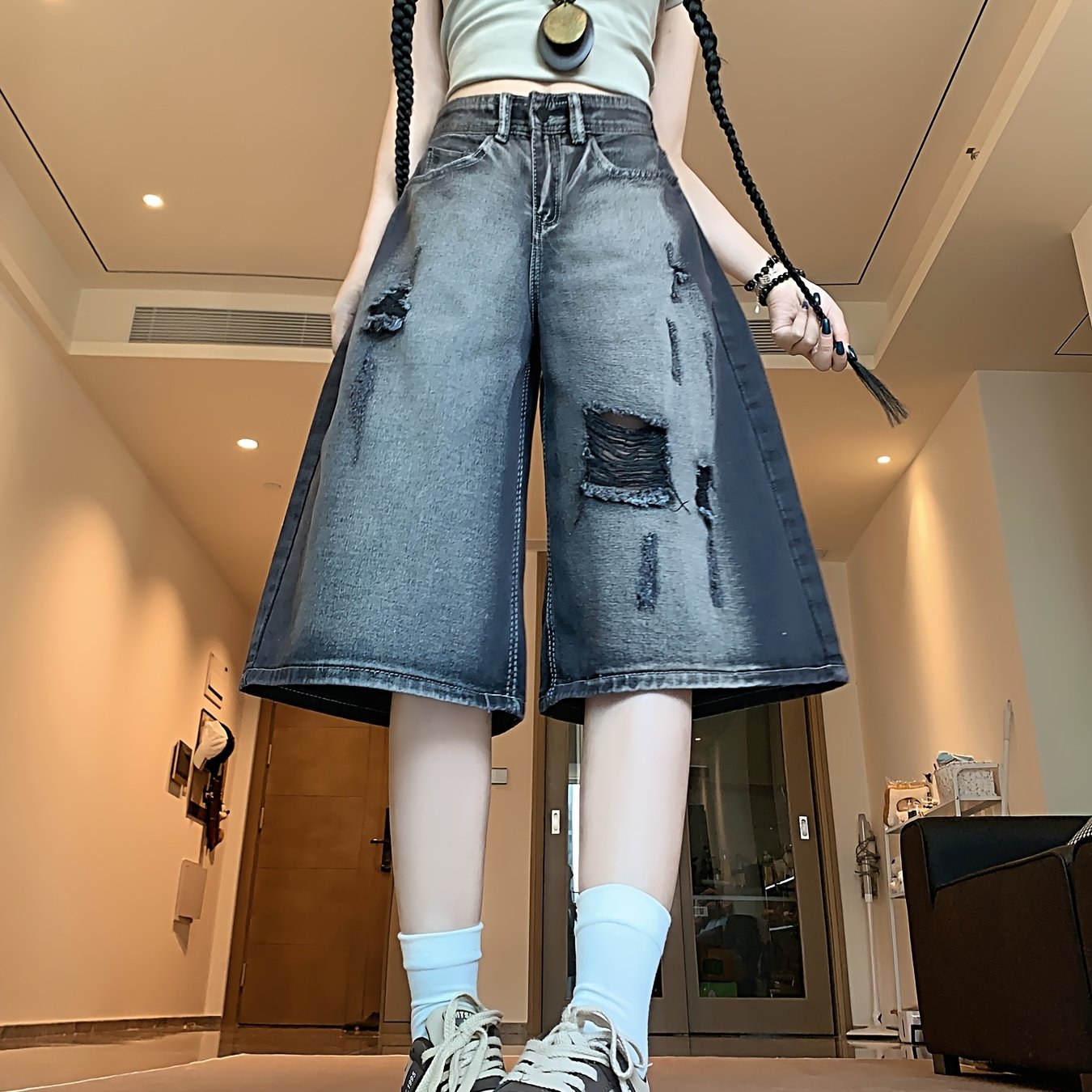 TEMU 欧米風 ダメージデニムショーツ ハイストリート ヴィンテージ 個性 ストリートスタイル カジュアル