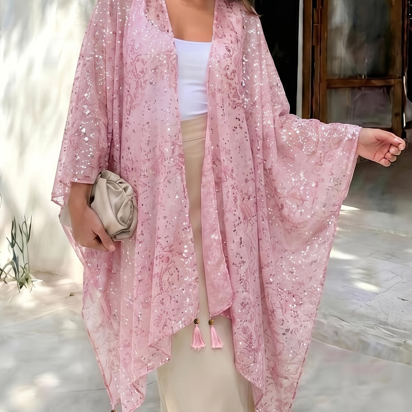 TEMU Plus Size, Seaside Party Vibe Cardigan, Bohemian Sequin Print With Tassels, Semi-sheer Lightweight Mesh Outerwear