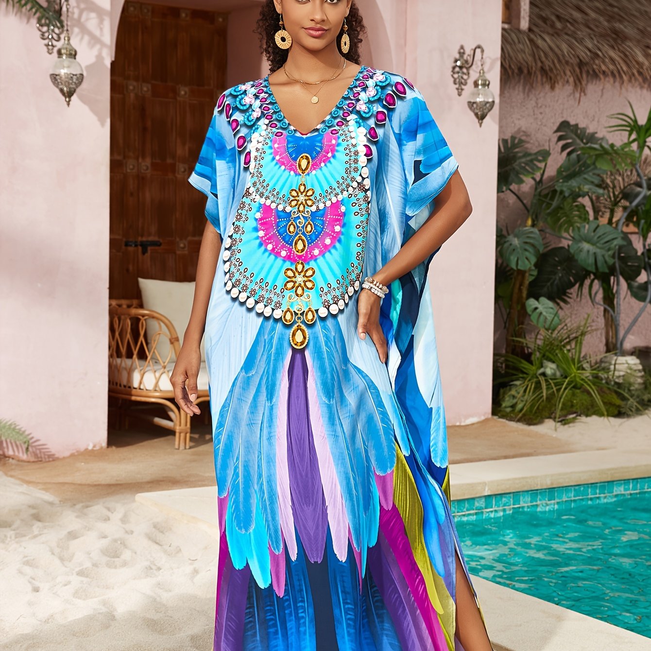 Image of Bohemian Beach Dress With A V-neck And Side Slit, Featuring A Full-body Print Of Feathers, Perfect For Summer Beach Over A Bikini