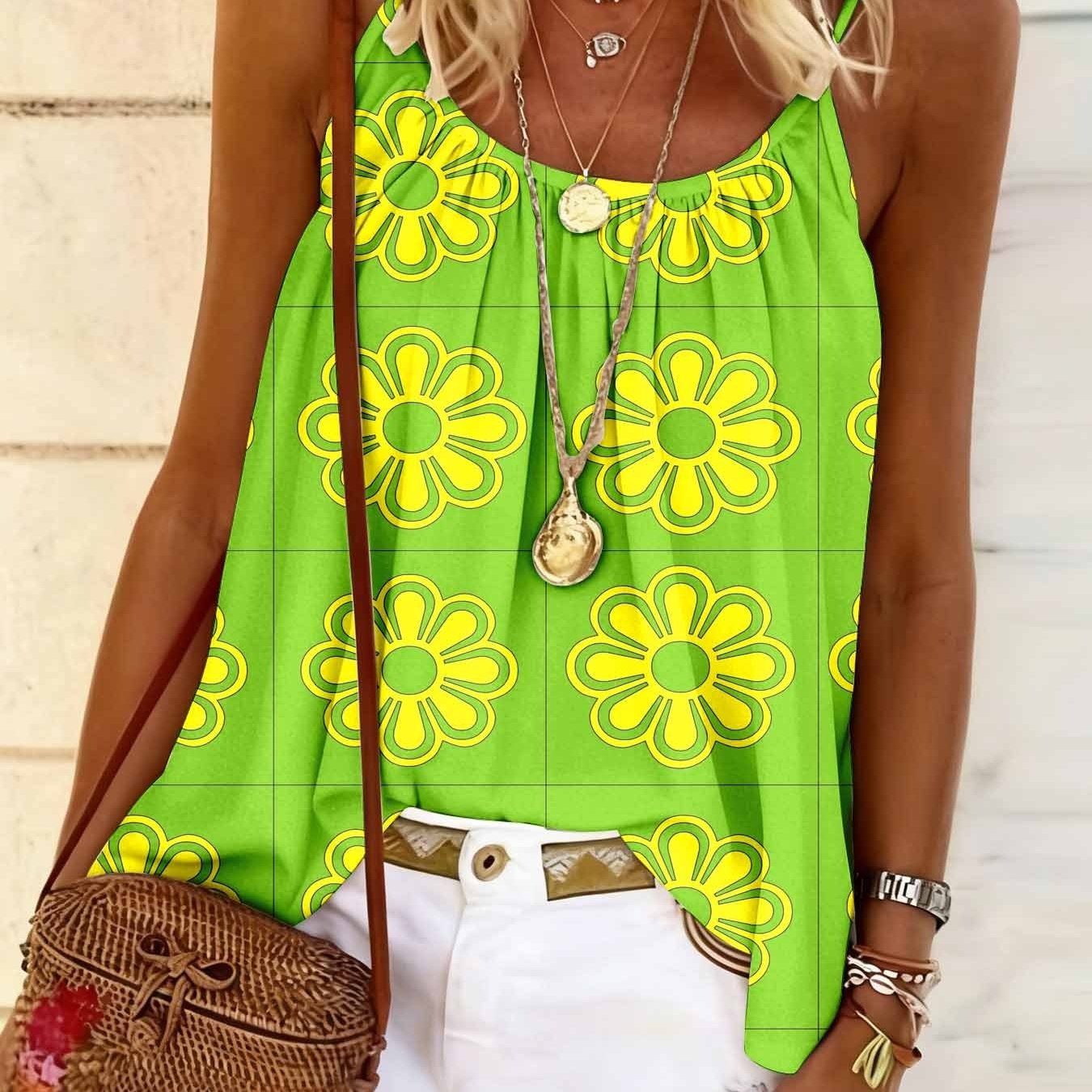 Image of Printed Sleeveless Camisole With Slim Shoulders And A Loose Top For Vacation And Travel, A Fashionable Summer Women's Clothing