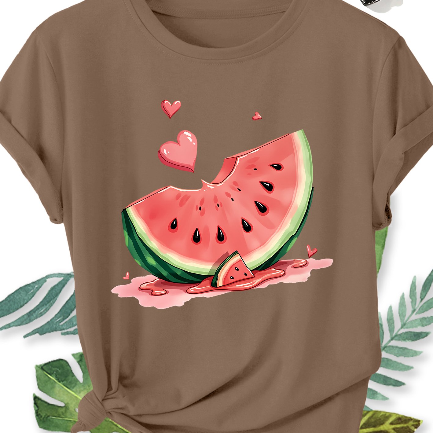 TEMU Women's Elegant Style Plus Size Loose Short Sleeve, Heart Watermelon Print Round Neck Comfortable Soft Breathable Summer Top, T-shirt Gift,