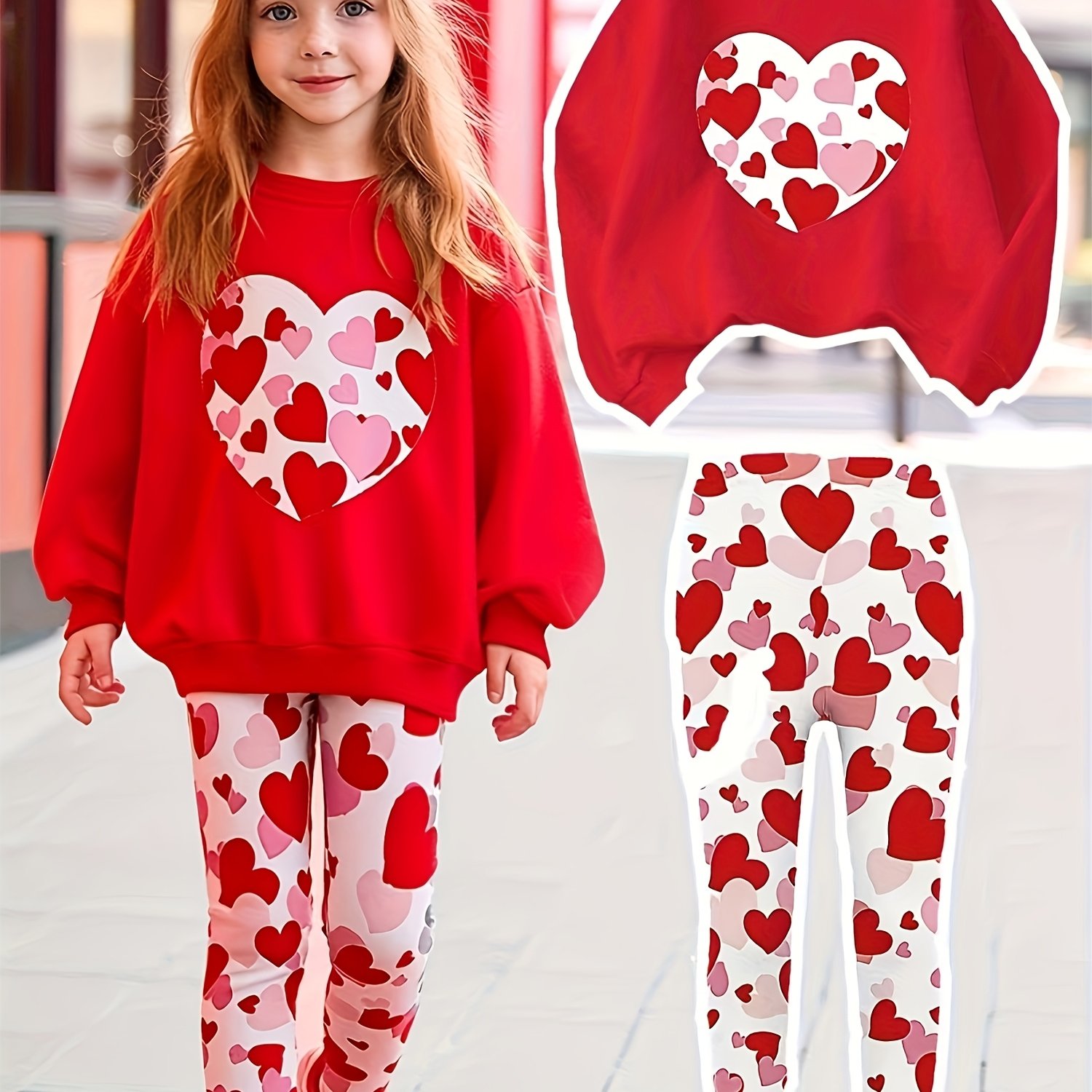 TEMU Girls' Teen Casual Fashion Heart Print Sweatshirt And Leggings 2pcs Set, Red And White Contrasting Heart, Cute, Casual, , Ideal For Outdoors,