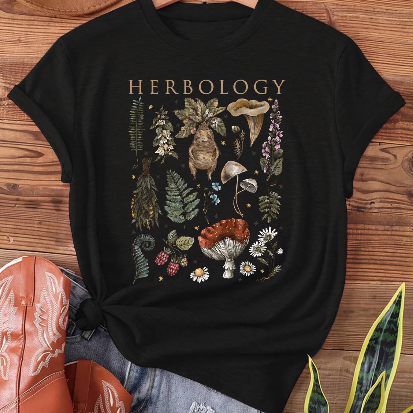 TEMU Vintage Plants, Print T-shirt, Short Sleeve Crew Neck Casual Top For Summer & Spring, Women's Clothing