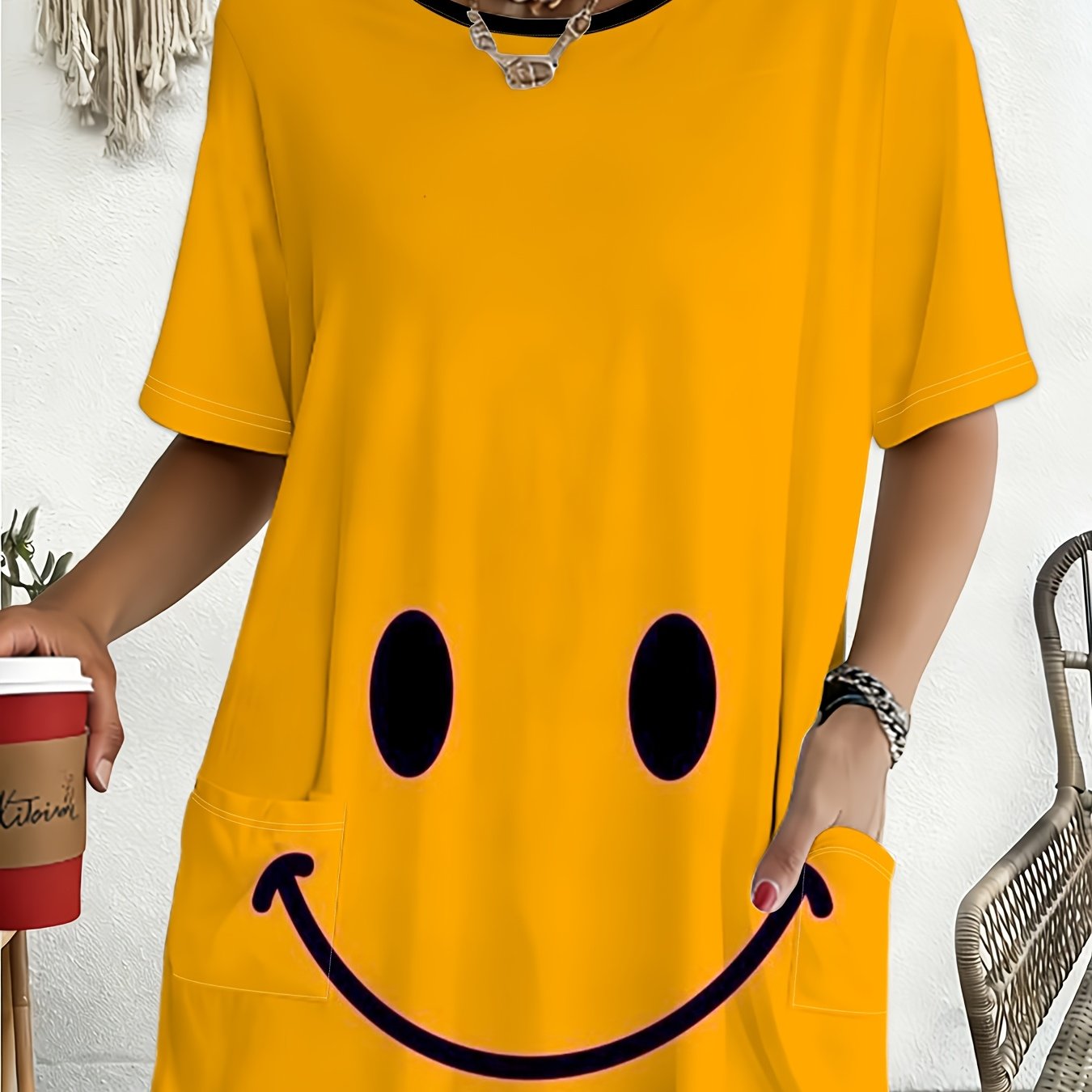 TEMU Face Pattern Loose Short Sleeve T-shirt, Women's Casual Versatile Top, Plus Size Round Neck Printed Tee