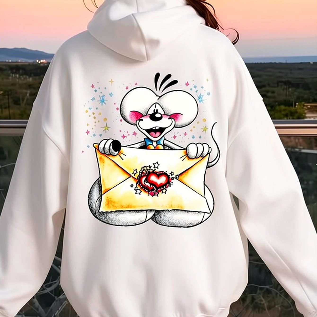 Image of Cartoon Letter Graphic Hoodie, Cute Hooded Sweatshirt, Long Sleeve Pullover With Kangaroo Pocket, Casual Streetwear Top For Valentine's Day, Birthday, Anniversary, Gift , Daily Wear, And Winter